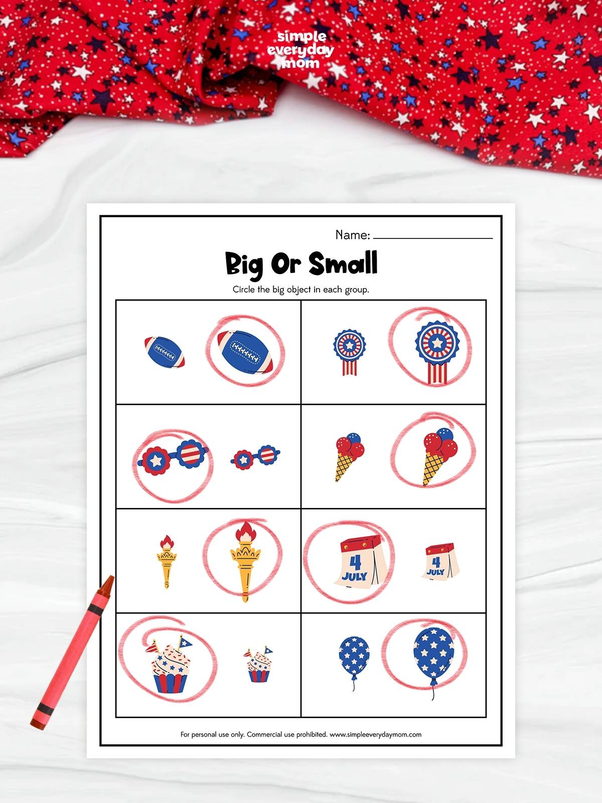 This patriotic-themed "Big or Small" worksheet helps preschool and kindergarten children practice comparing sizes and identifying larger objects. Kids look at pairs of red, white, and blue themed images and circle the bigger item in each group, strengthening visual discrimination and early math skills. Featuring fun holiday icons like footballs, balloons, cupcakes, and Fourth of July decorations, this activity makes learning size concepts engaging and festive.