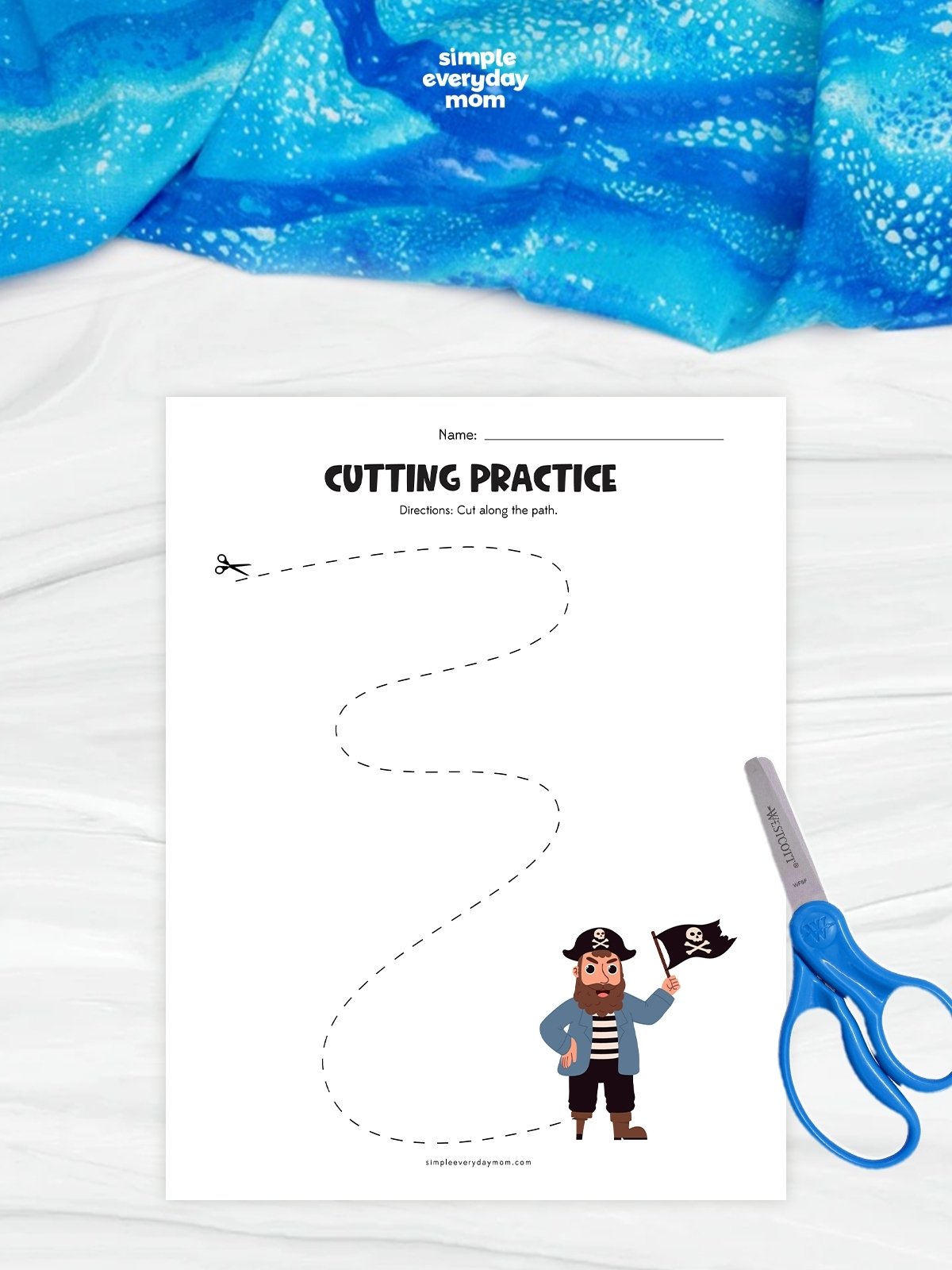 This image features a pirate-themed cutting practice worksheet designed to help preschool and kindergarten children develop scissor skills. Kids follow the winding dashed line from the scissors at the top of the page to the pirate at the bottom, practicing hand control, coordination, and cutting accuracy. The fun pirate theme makes fine motor skill development engaging and enjoyable for young learners.
