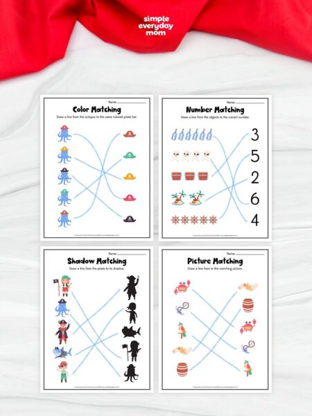 This image showcases four pirate-themed printable matching worksheets designed for preschool and Pre-K learners. The activities include color matching, number matching, shadow matching, and picture matching to help children practice visual discrimination, counting, and problem-solving skills. With bright pirate-themed illustrations and simple instructions, these worksheets make learning fun and engaging for young kids.