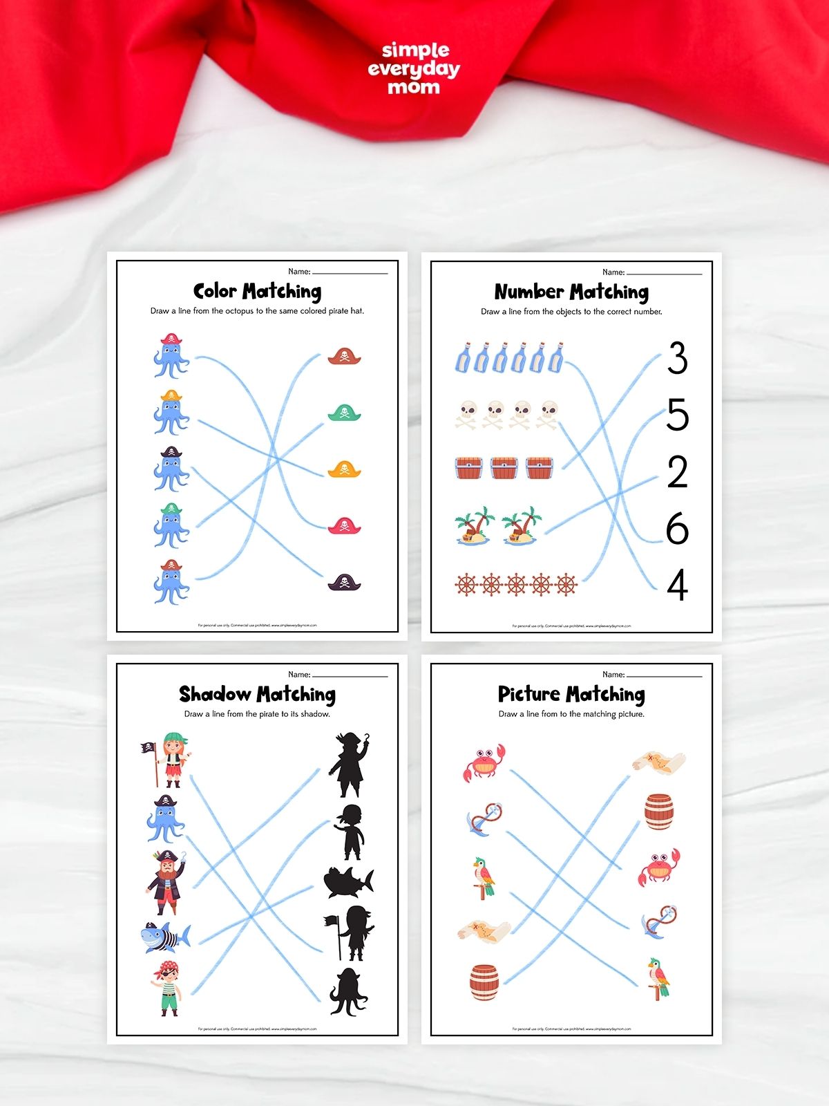 This image showcases four pirate-themed printable matching worksheets designed for preschool and Pre-K learners. The activities include color matching, number matching, shadow matching, and picture matching to help children practice visual discrimination, counting, and problem-solving skills. With bright pirate-themed illustrations and simple instructions, these worksheets make learning fun and engaging for young kids.