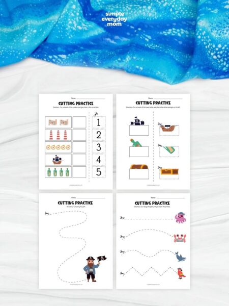 This image showcases a collection of four pirate-themed cutting practice worksheets designed for preschool and kindergarten children. The activities include cutting along straight, curved, wavy, and zigzag lines, matching object halves, and counting-and-cutting exercises that help strengthen fine motor skills, hand-eye coordination, and scissor control. Featuring fun pirate-themed illustrations such as ships, treasure chests, message bottles, sea creatures, and pirates, these worksheets make early learning both engaging and hands-on.