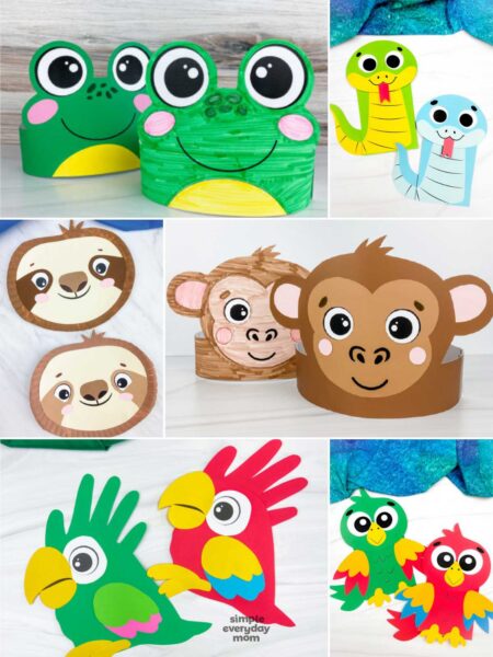 This image features a variety of colorful animal-themed crafts, including frogs, snakes, sloths, monkeys, parrots, and owls made from paper and recycled materials. Each craft has large cartoon-style eyes, bright colors, and simple shapes that make them appealing and easy for children to create. These fun DIY projects are ideal for preschool and elementary-aged kids to practice creativity, cutting, coloring, and fine motor skills.