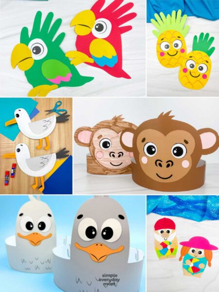 This image is a collage of colorful children's craft projects featuring animals, birds, and summer-themed characters made from paper and simple craft materials. The collection includes parrots, pineapples, seagulls, monkey headbands, duck headbands, and beach-themed paper dolls, showcasing a variety of creative activities for young kids. These fun and engaging crafts help develop fine motor skills, creativity, and imaginative play while using easy-to-find supplies.