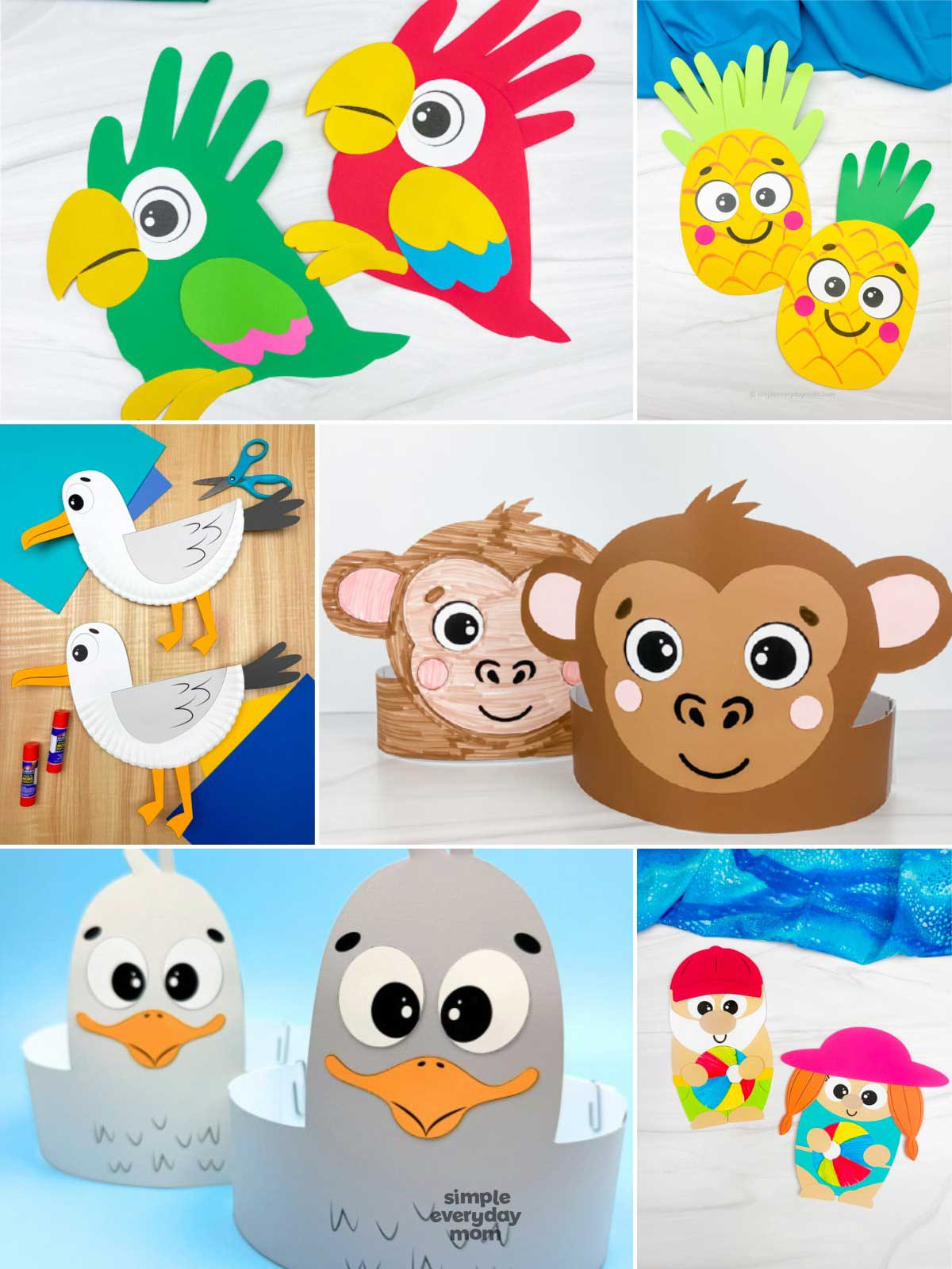 This image is a collage of colorful children's craft projects featuring animals, birds, and summer-themed characters made from paper and simple craft materials. The collection includes parrots, pineapples, seagulls, monkey headbands, duck headbands, and beach-themed paper dolls, showcasing a variety of creative activities for young kids. These fun and engaging crafts help develop fine motor skills, creativity, and imaginative play while using easy-to-find supplies.