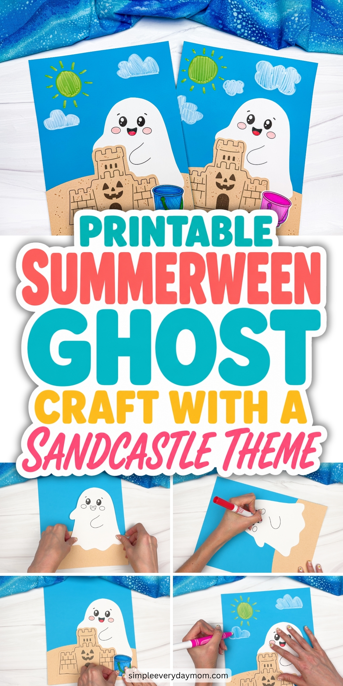 Collage of completed beach ghost craft scenes featuring smiling ghosts, sandcastles, beach buckets, and step by step assembly images.