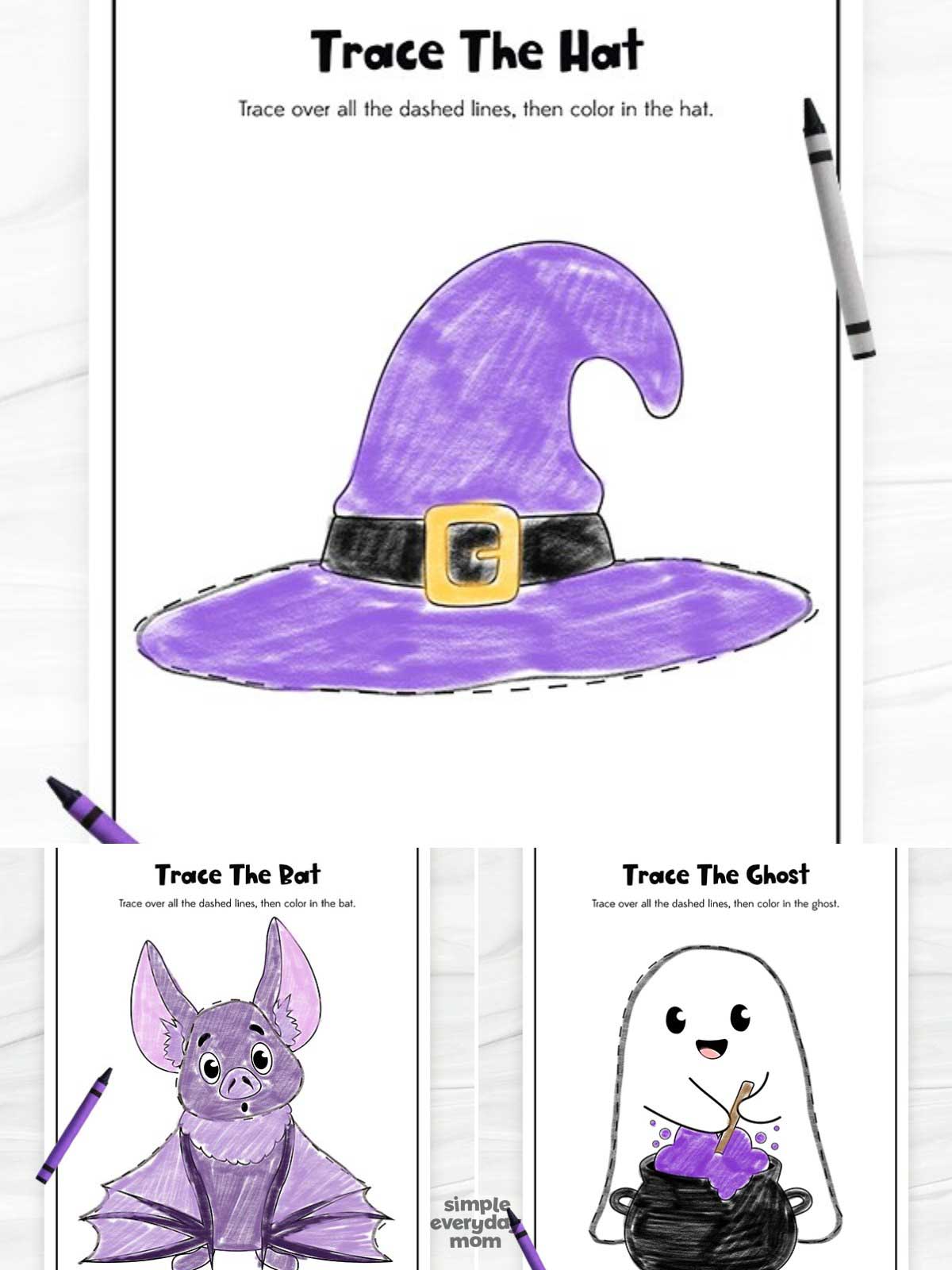 This image features three Halloween-themed tracing worksheets for children: a witch hat, a bat, and a friendly ghost. Each page invites kids to trace the dashed outlines and then color the picture, helping improve fine motor skills and pencil control. The fun seasonal designs and simple activities make these printables perfect for Halloween learning and creative play.