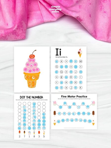 This image showcases a collection of ice cream-themed do-a-dot worksheets designed for preschool and kindergarten learners. The printable set includes activities for letter recognition, number practice, fine motor development, and creative dot-marker coloring, helping children build essential early learning skills. With colorful ice cream illustrations and a fun summer theme, these worksheets provide an engaging way for kids to learn through hands-on play.