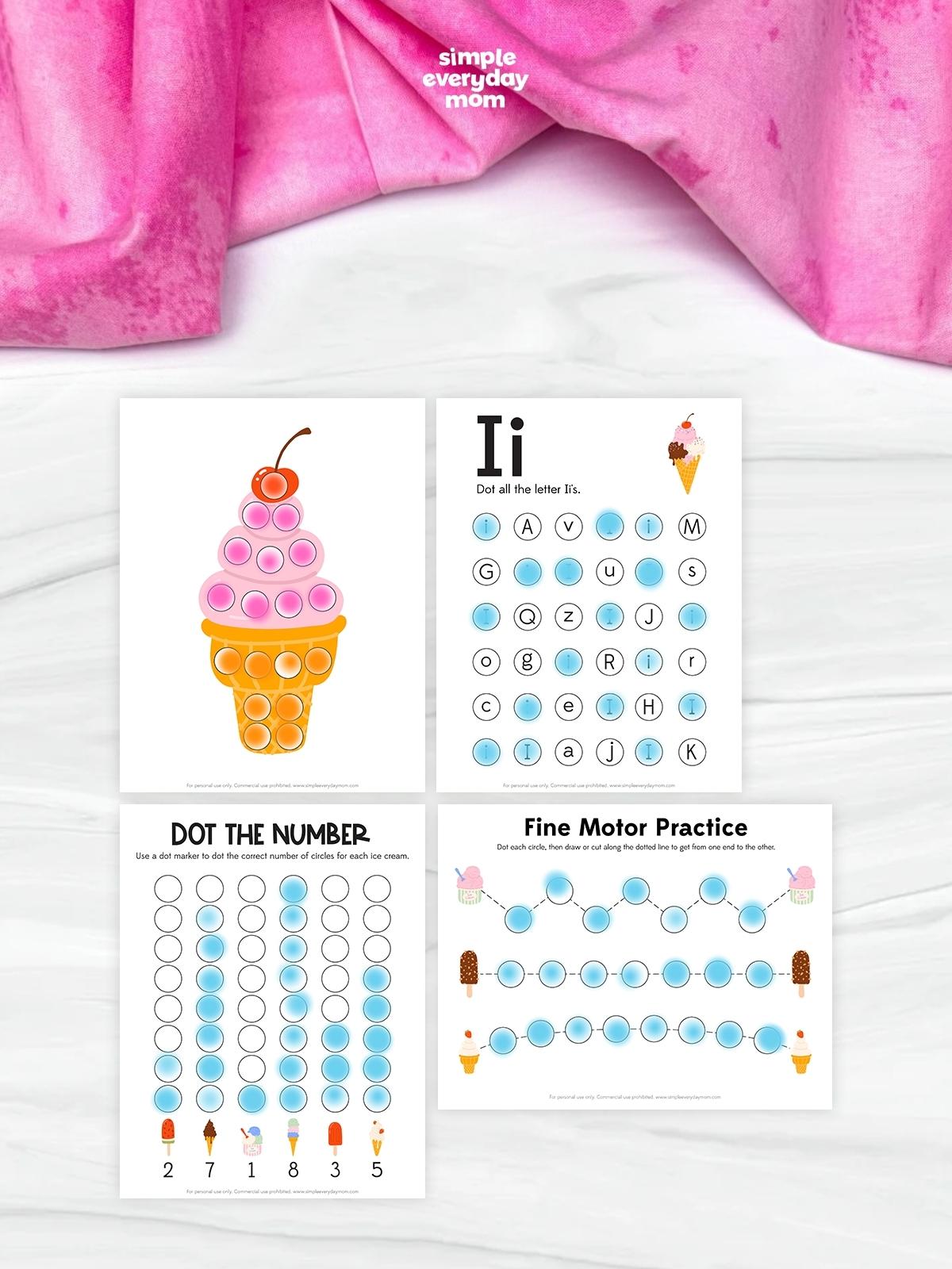 This image showcases a collection of ice cream-themed do-a-dot worksheets designed for preschool and kindergarten learners. The printable set includes activities for letter recognition, number practice, fine motor development, and creative dot-marker coloring, helping children build essential early learning skills. With colorful ice cream illustrations and a fun summer theme, these worksheets provide an engaging way for kids to learn through hands-on play.