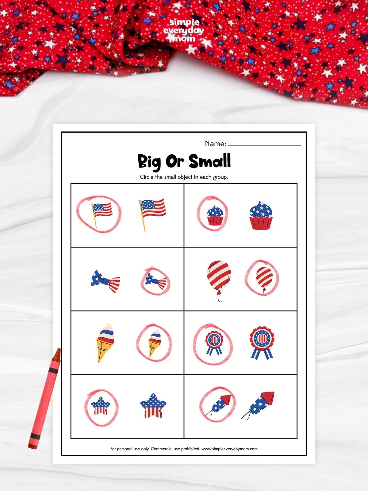 This patriotic-themed "Big or Small" worksheet helps preschool and kindergarten children practice comparing sizes by identifying the smaller object in each pair. Kids circle the smaller item among festive images such as flags, cupcakes, balloons, ice cream cones, ribbons, stars, and fireworks. The activity strengthens visual discrimination, observation, and early math skills while incorporating a fun red, white, and blue holiday theme.