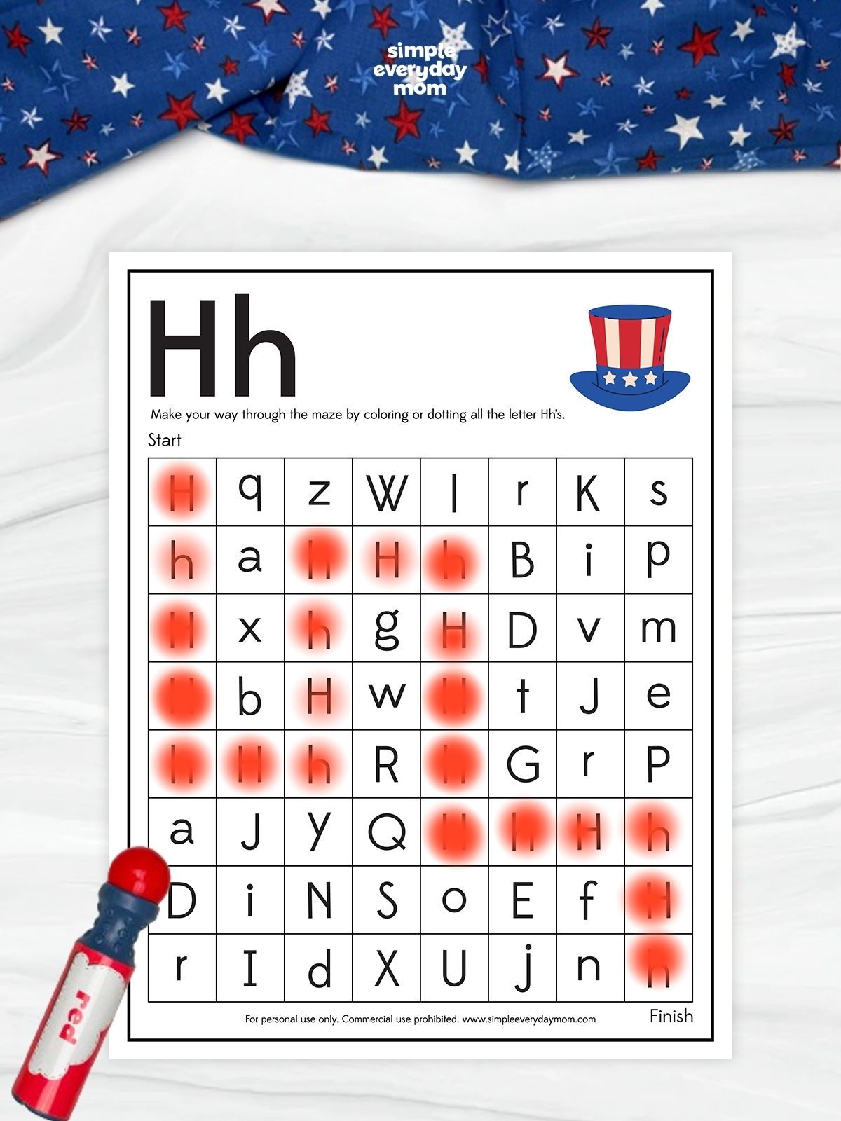 This patriotic letter maze worksheet focuses on the letter H and helps young learners strengthen letter recognition skills in a fun, hands-on way. Children follow a path from the start to the finish by coloring or dotting only the uppercase and lowercase H letters in the grid. Featuring a patriotic Uncle Sam hat illustration and a Fourth of July theme, this printable activity supports early literacy, visual discrimination, concentration, and fine motor development, making it ideal for preschool, kindergarten, and early elementary students.