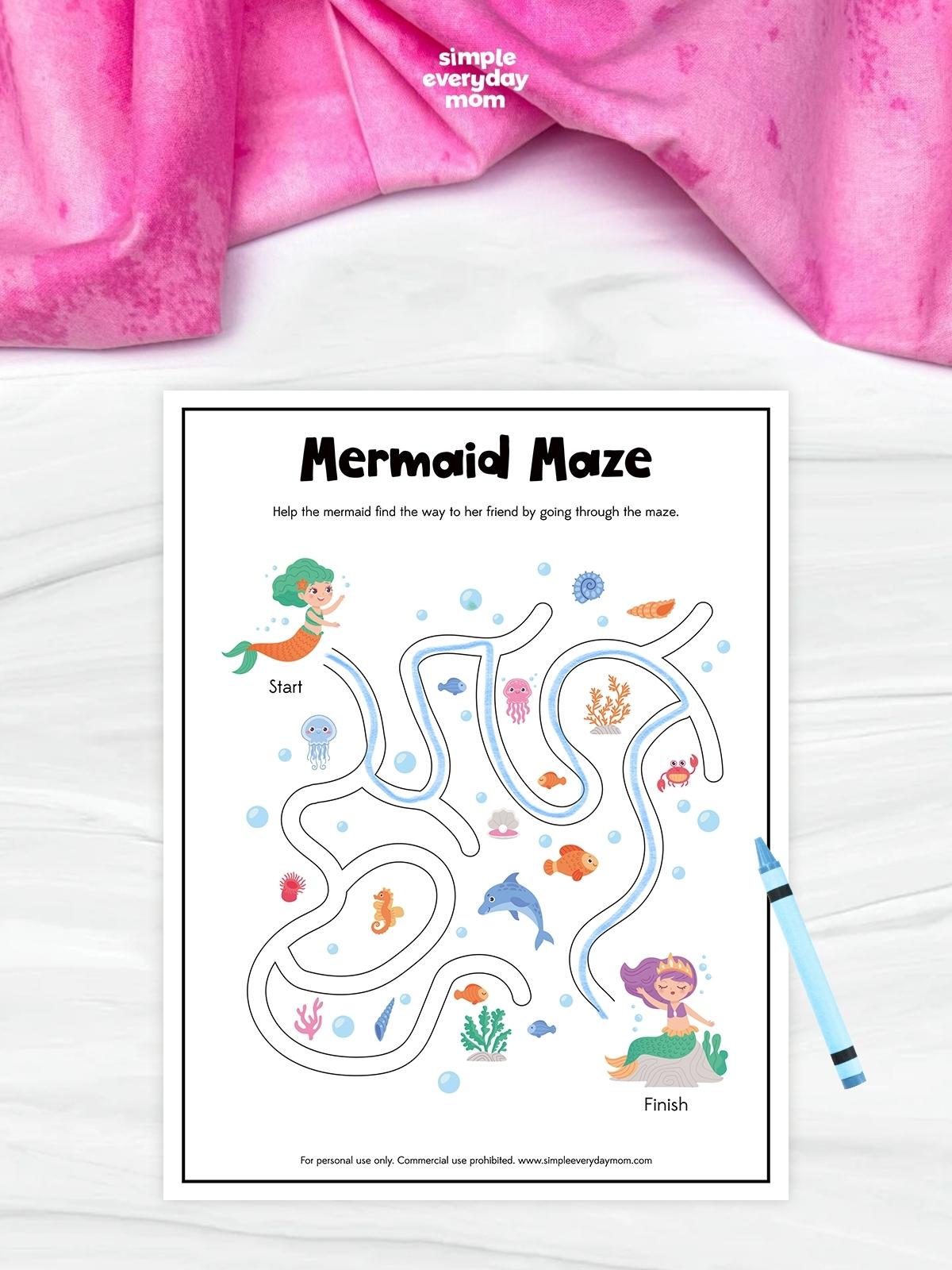 This mermaid-themed maze worksheet helps preschool and kindergarten children build problem-solving, concentration, and visual tracking skills. Kids guide the mermaid through the winding underwater maze to reach her friend, following the correct path from start to finish. Featuring colorful ocean creatures, bubbles, coral, and playful mermaid characters, the activity provides a fun and engaging screen-free learning experience.