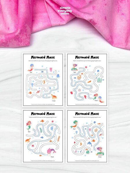This image showcases a collection of four mermaid-themed maze worksheets designed for preschool and kindergarten children. Each maze encourages kids to guide a mermaid through winding underwater paths to reach a friend, sea creature, or destination, helping develop problem-solving, focus, and visual tracking skills. Featuring colorful mermaids, ocean animals, coral, and underwater scenery, these engaging activities provide a fun and educational screen-free learning experience.
