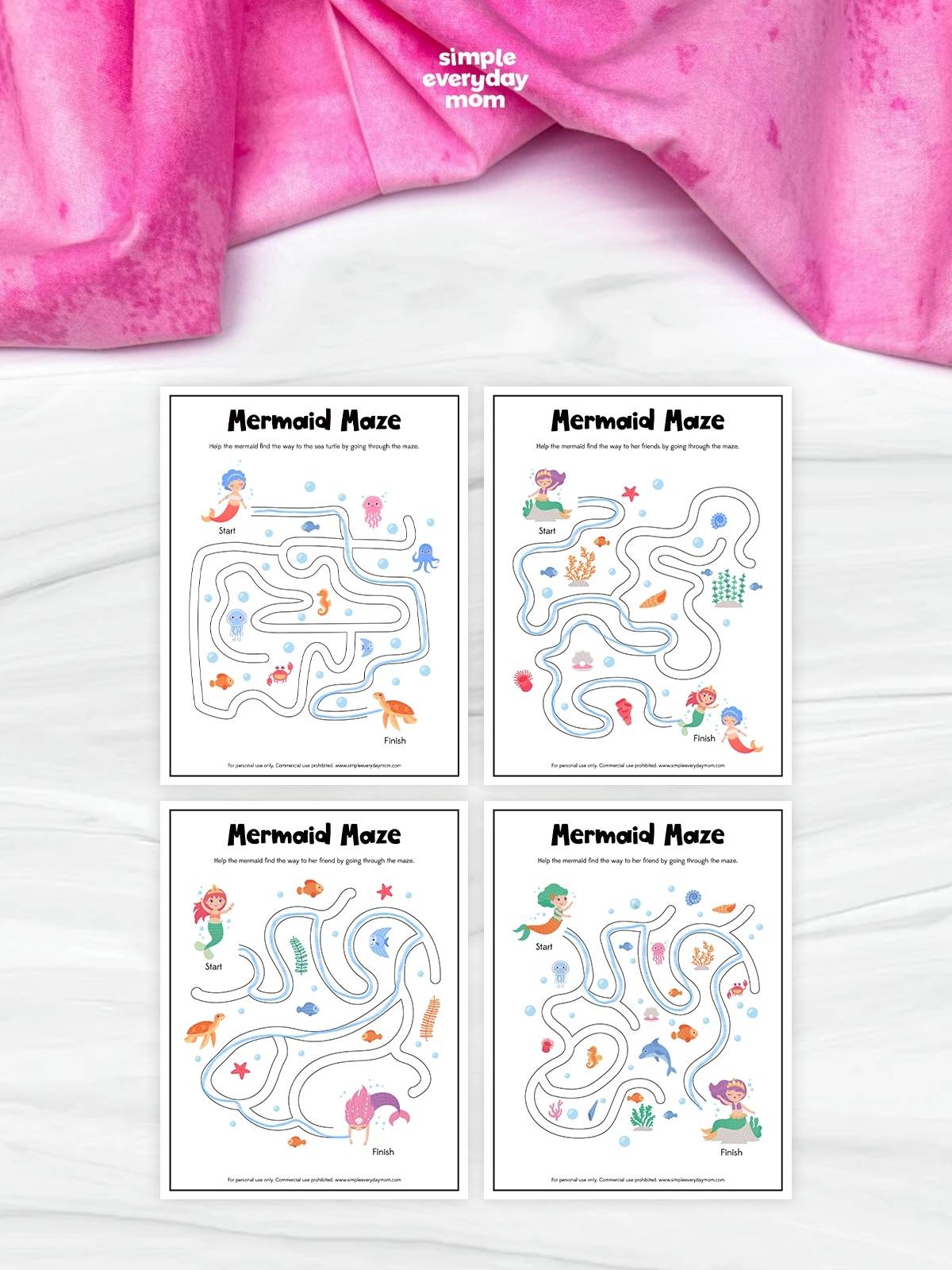 This image showcases a collection of four mermaid-themed maze worksheets designed for preschool and kindergarten children. Each maze encourages kids to guide a mermaid through winding underwater paths to reach a friend, sea creature, or destination, helping develop problem-solving, focus, and visual tracking skills. Featuring colorful mermaids, ocean animals, coral, and underwater scenery, these engaging activities provide a fun and educational screen-free learning experience.