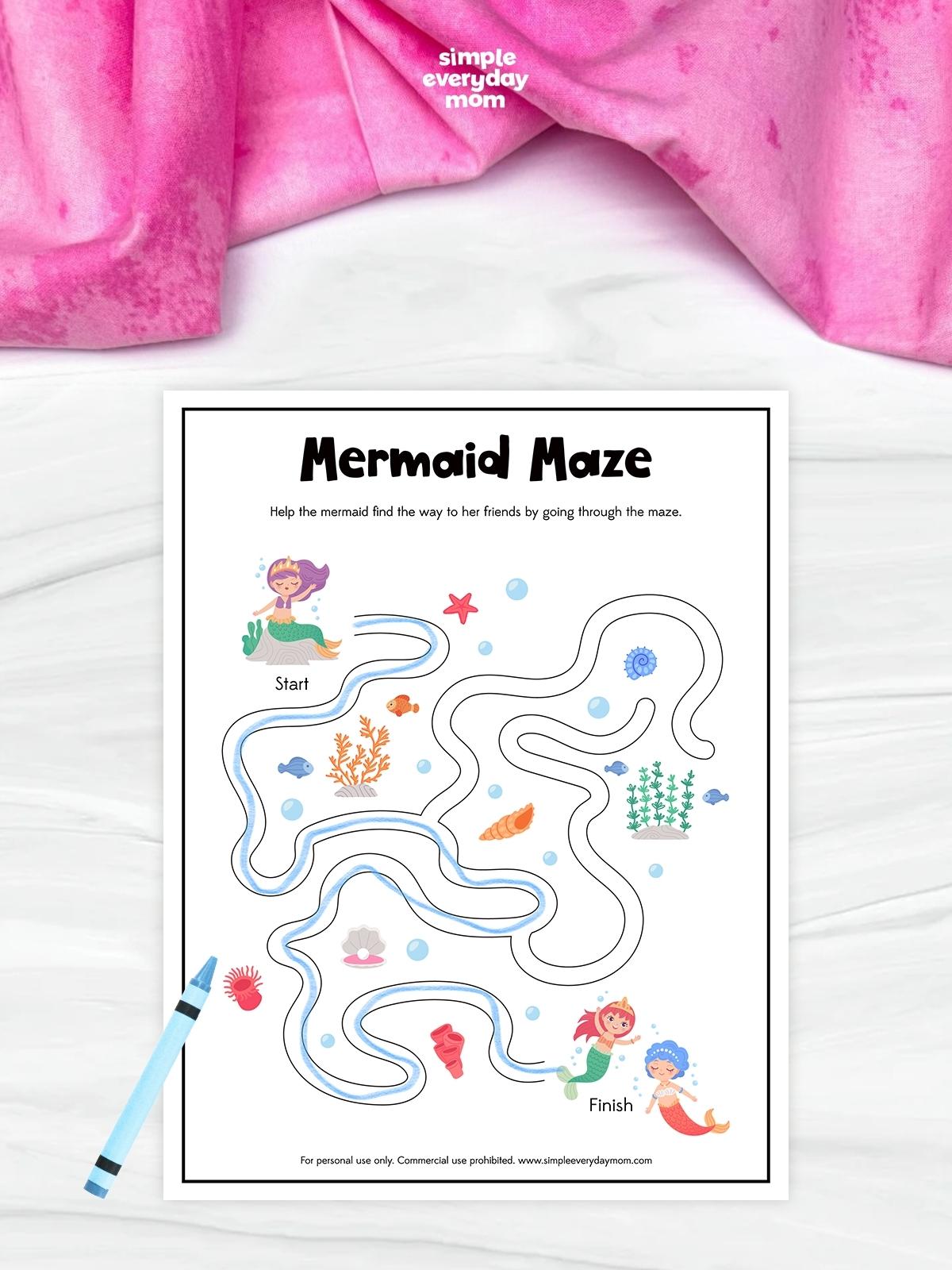This image features a mermaid-themed maze worksheet designed for preschool and kindergarten children. Kids help the mermaid find her friends by tracing the correct path through the underwater maze, strengthening problem-solving, visual tracking, and fine motor skills. Colorful ocean elements such as fish, seashells, coral, and bubbles create a fun and engaging under-the-sea learning activity.