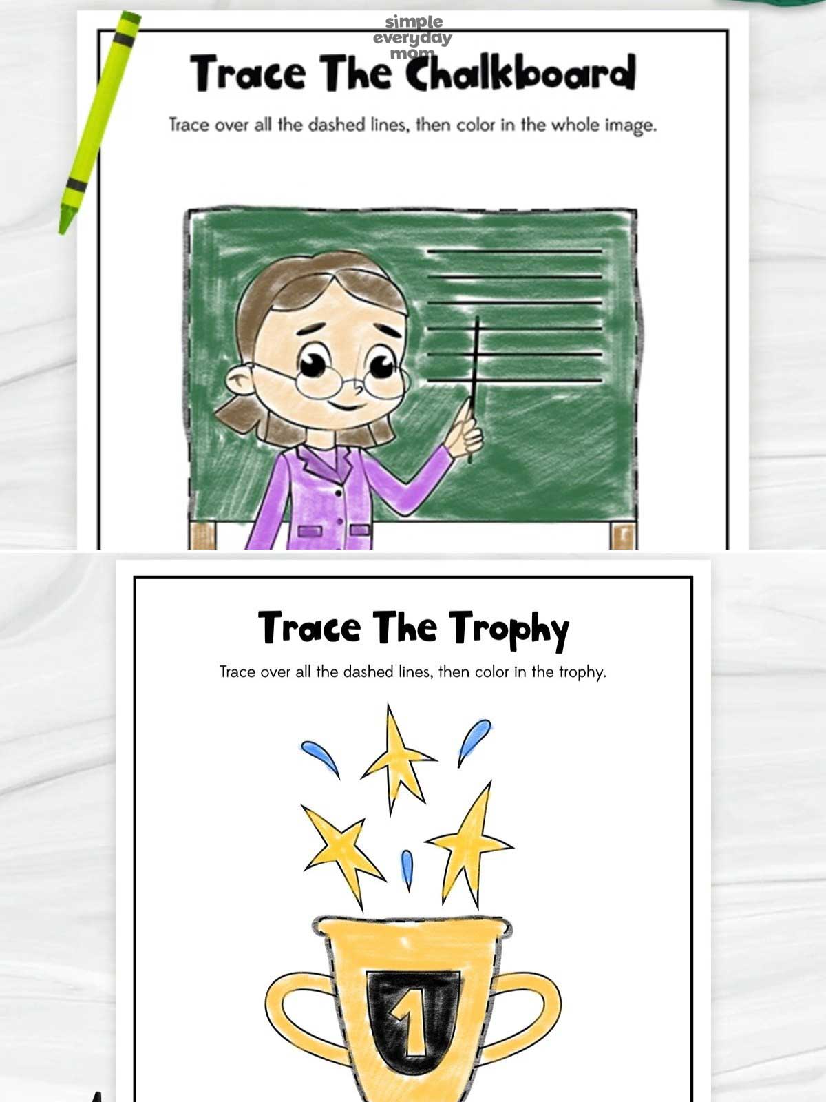 This image features two school-themed tracing worksheets: a chalkboard with a teacher and a first-place trophy. Children can trace the dashed outlines and then color the pictures, helping improve fine motor skills, pencil control, and concentration. These educational printables are perfect for classroom activities, back-to-school lessons, and early learning practice.