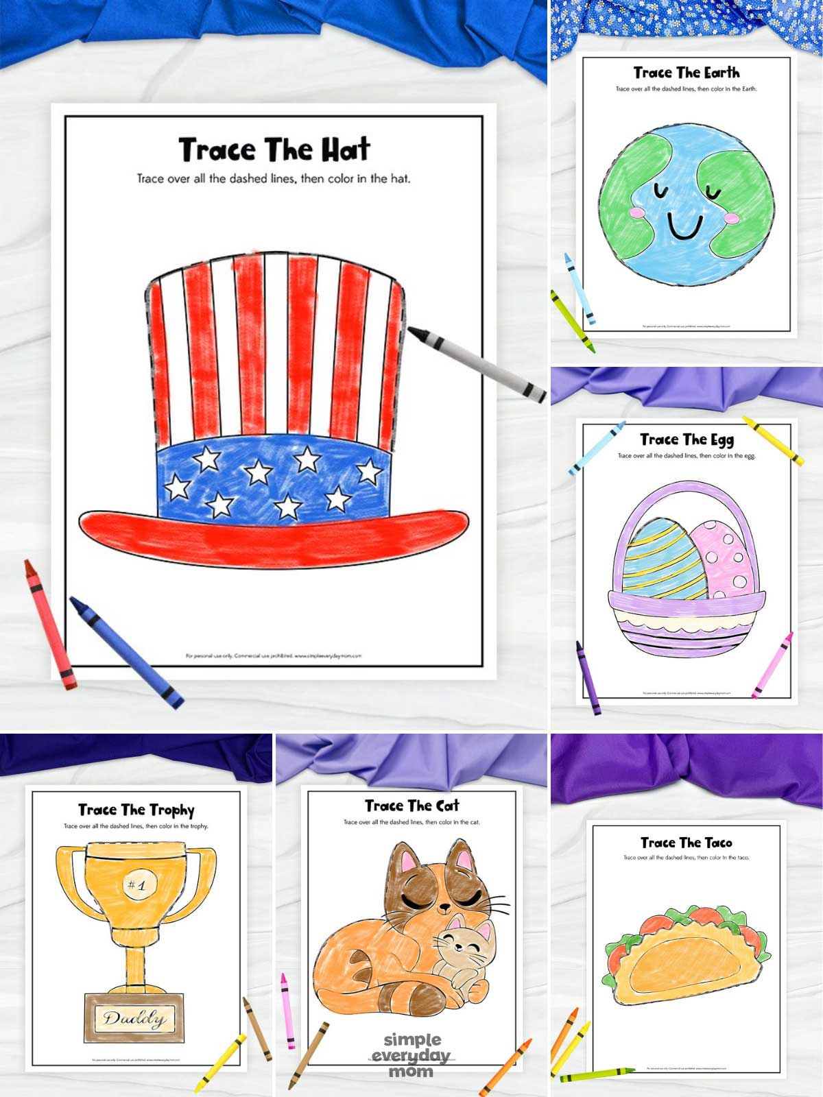 This image showcases six tracing worksheets featuring a variety of fun and educational themes, including a patriotic hat, Earth, an Easter egg basket, a trophy, a cat, and a taco. Children can trace the dashed outlines and then color each picture, helping strengthen fine motor skills, hand-eye coordination, and early writing abilities. The diverse designs make these printable activities engaging for holidays, celebrations, and everyday learning.