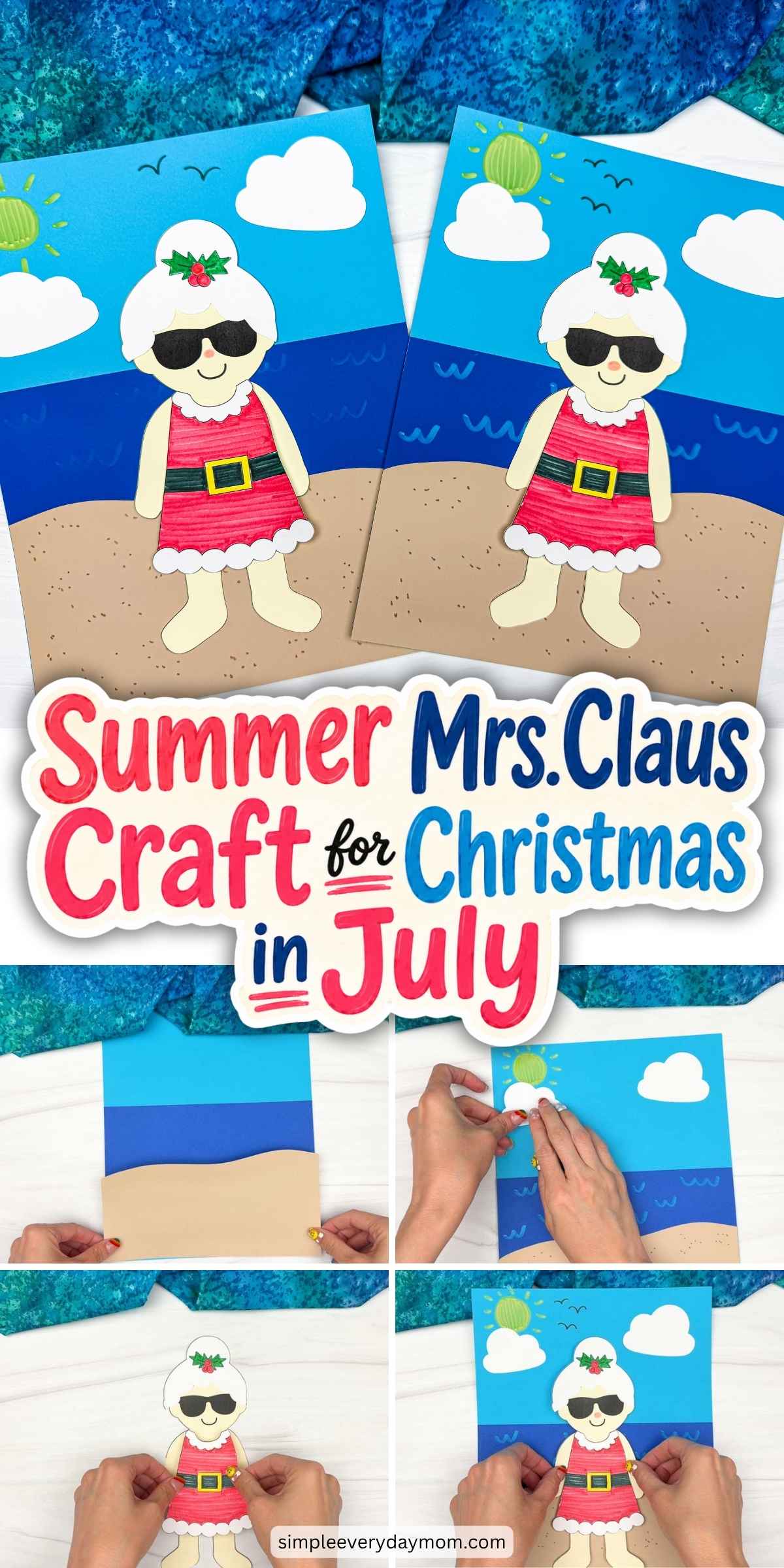 Collage of Summer Mrs. Claus craft photos with completed projects and step by step assembly images for Christmas in July.