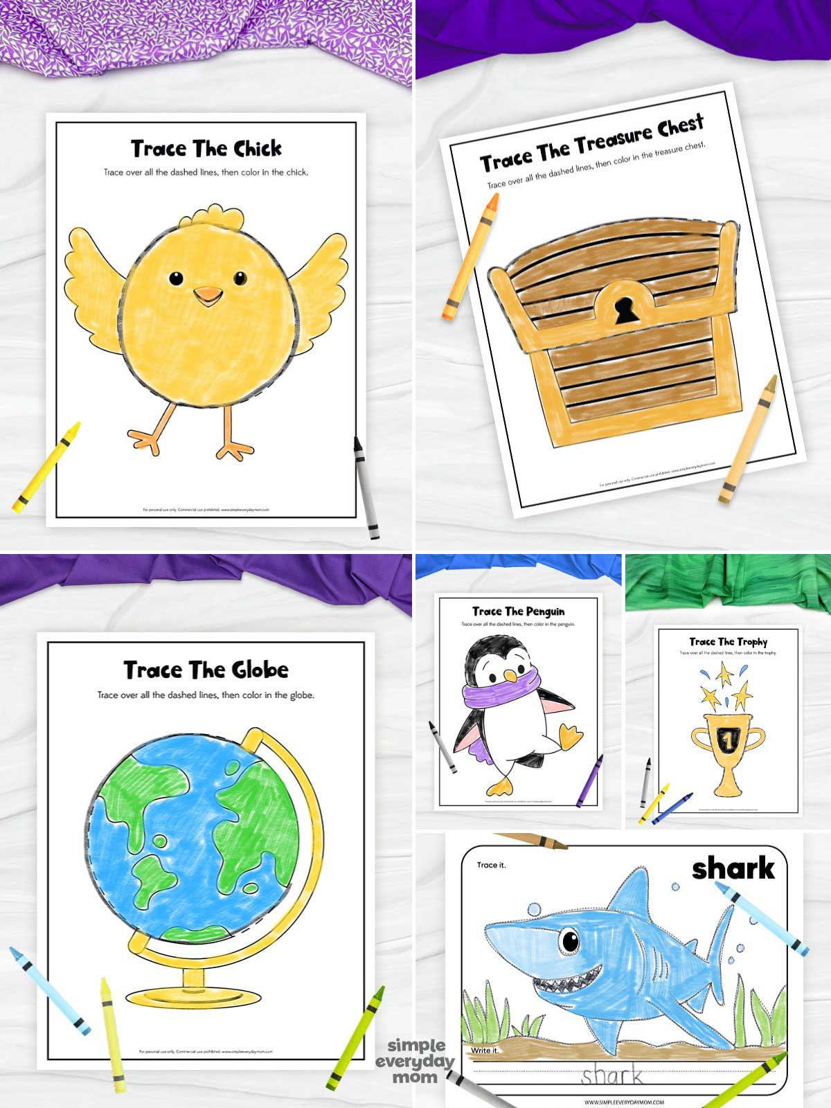 This image is a collage of printable trace-and-color worksheets created to help young children develop tracing, coloring, handwriting, and fine motor skills. The worksheets feature a chick, treasure chest, globe, penguin, trophy, and shark, giving children a variety of fun themes to explore while practicing early learning concepts. Bright crayons and colorful fabric accents surround the pages, creating an engaging and playful educational display.