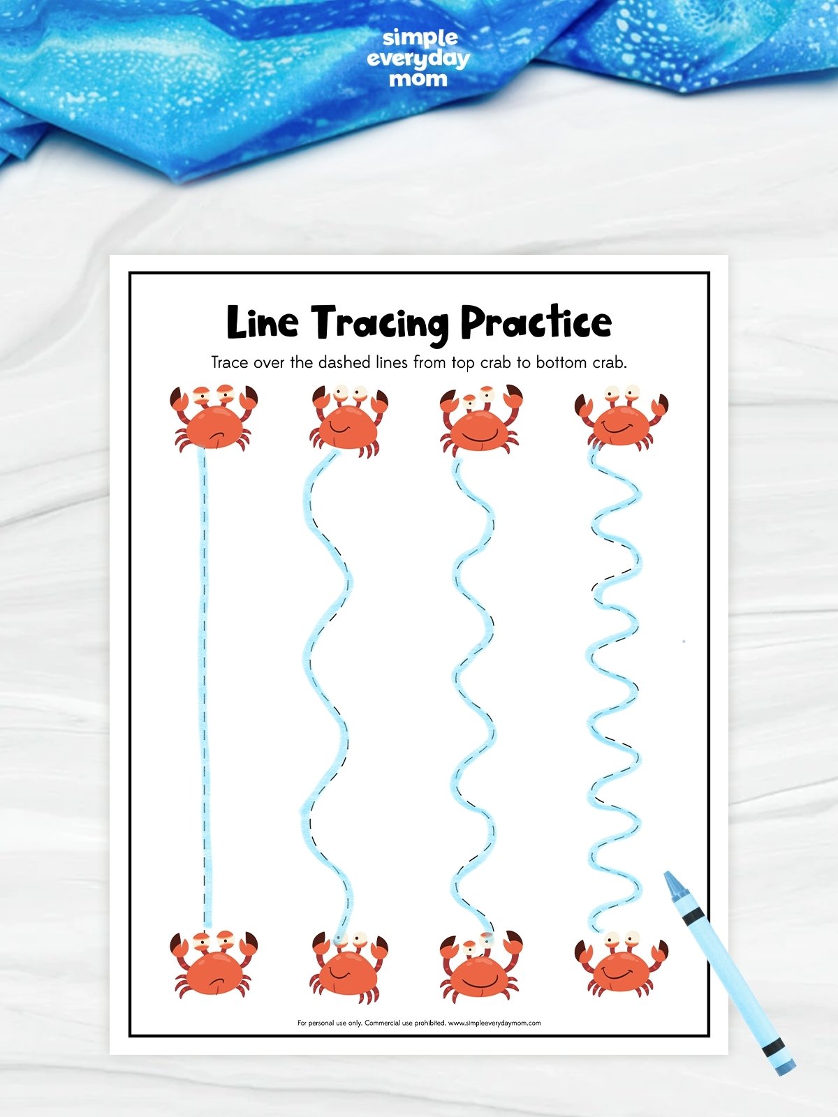 This crab line tracing worksheet helps preschool and kindergarten kids practice tracing straight and wavy lines to build prewriting skills. Children follow each path from the top crab to the bottom crab while strengthening pencil control, fine motor skills, and hand-eye coordination. It's a fun ocean-themed printable that's perfect for classrooms, homeschool, or learning centers.