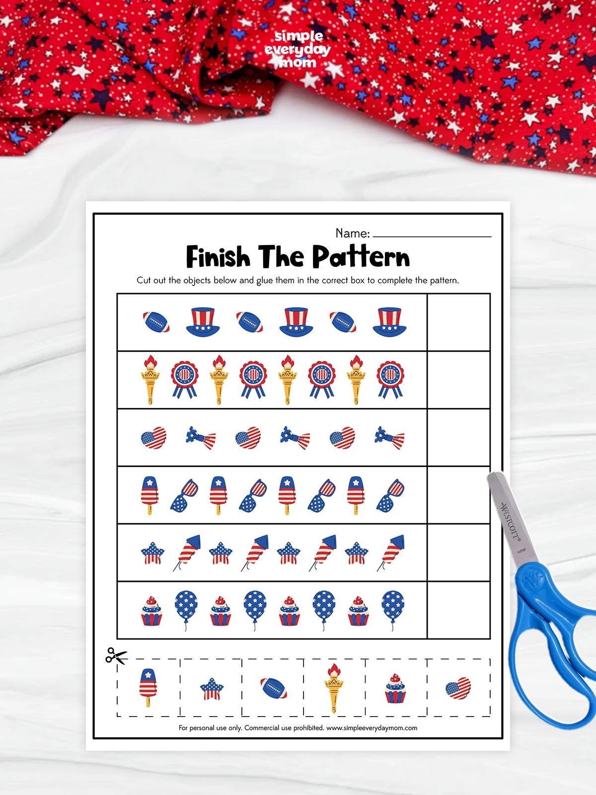 This patriotic-themed "Finish the Pattern" worksheet helps preschool and kindergarten children develop pattern recognition and sequencing skills. Kids cut out the red, white, and blue themed pictures at the bottom of the page and glue them into the correct spaces to complete each pattern. Featuring festive images such as footballs, hats, torches, cupcakes, balloons, and popsicles, this hands-on activity makes early math learning fun and engaging.