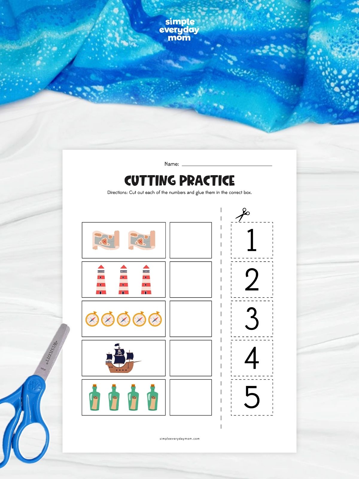 This pirate-themed cutting practice worksheet helps preschool and kindergarten children strengthen counting, number recognition, and fine motor skills. Kids count the pirate-themed objects in each row, cut out the numbers on the right side of the page, and glue the correct number into the matching box. Featuring treasure maps, lighthouses, compasses, pirate ships, and message bottles, this hands-on activity makes early math learning fun and engaging.