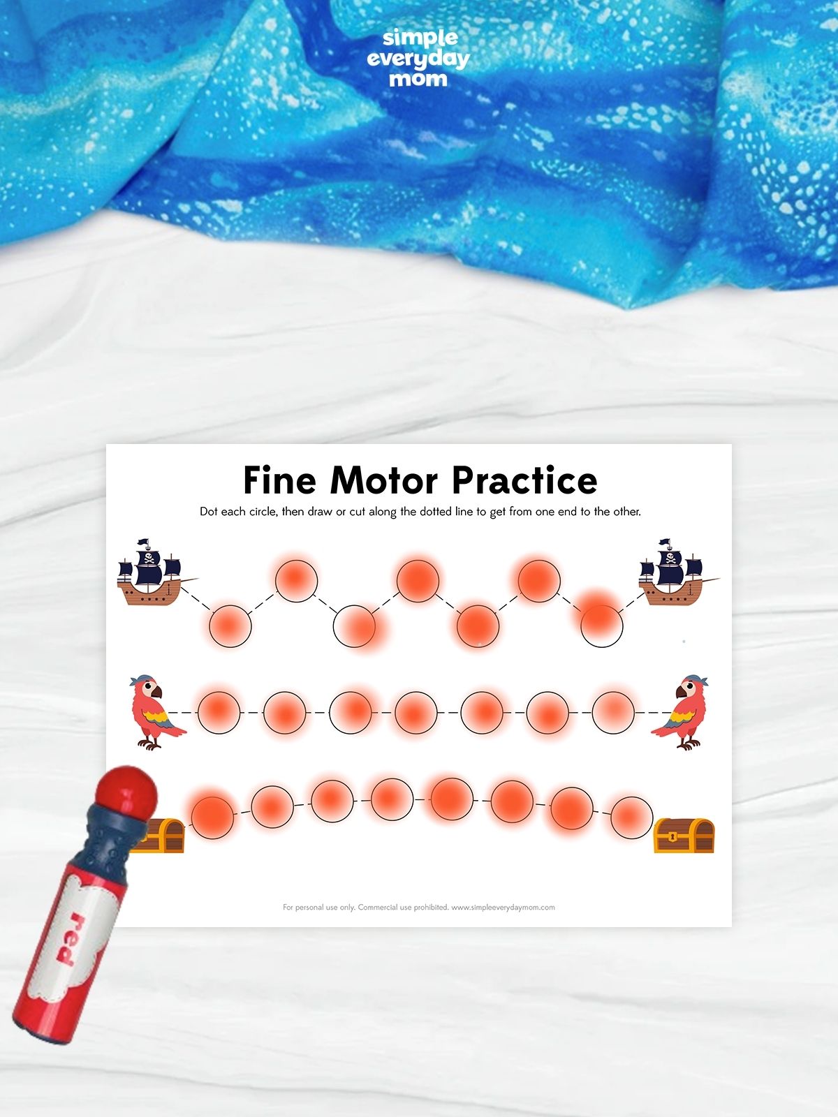 This pirate fine motor worksheet gives kids a fun way to build early learning skills with dot markers and tracing. Children dot each circle, then trace or cut along the dotted paths to strengthen fine motor control, hand-eye coordination, and scissor skills. It's an easy printable for preschool, kindergarten, centers, or homeschool activities.