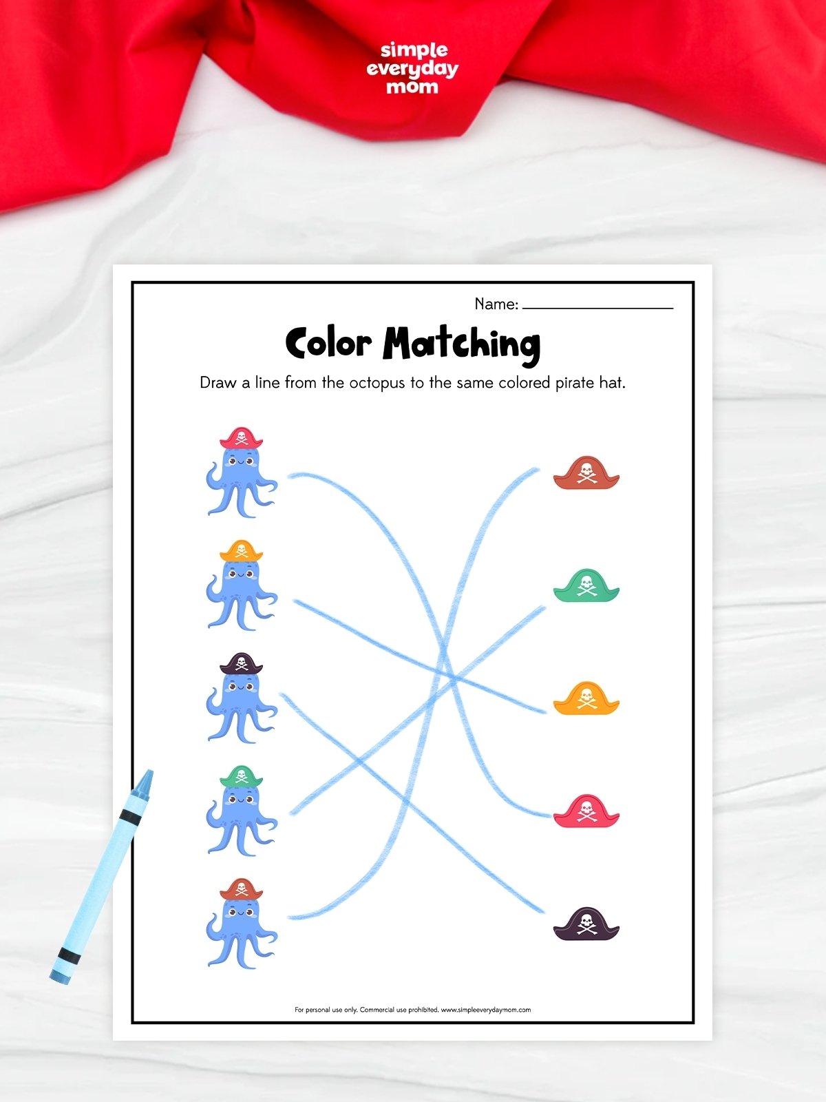 This pirate-themed color matching worksheet helps preschool and Pre-K children practice color recognition and visual matching skills. Kids draw lines from each octopus wearing a colored pirate hat to the matching hat on the opposite side of the page. The fun pirate graphics and hands-on activity make learning colors engaging while supporting fine motor development.