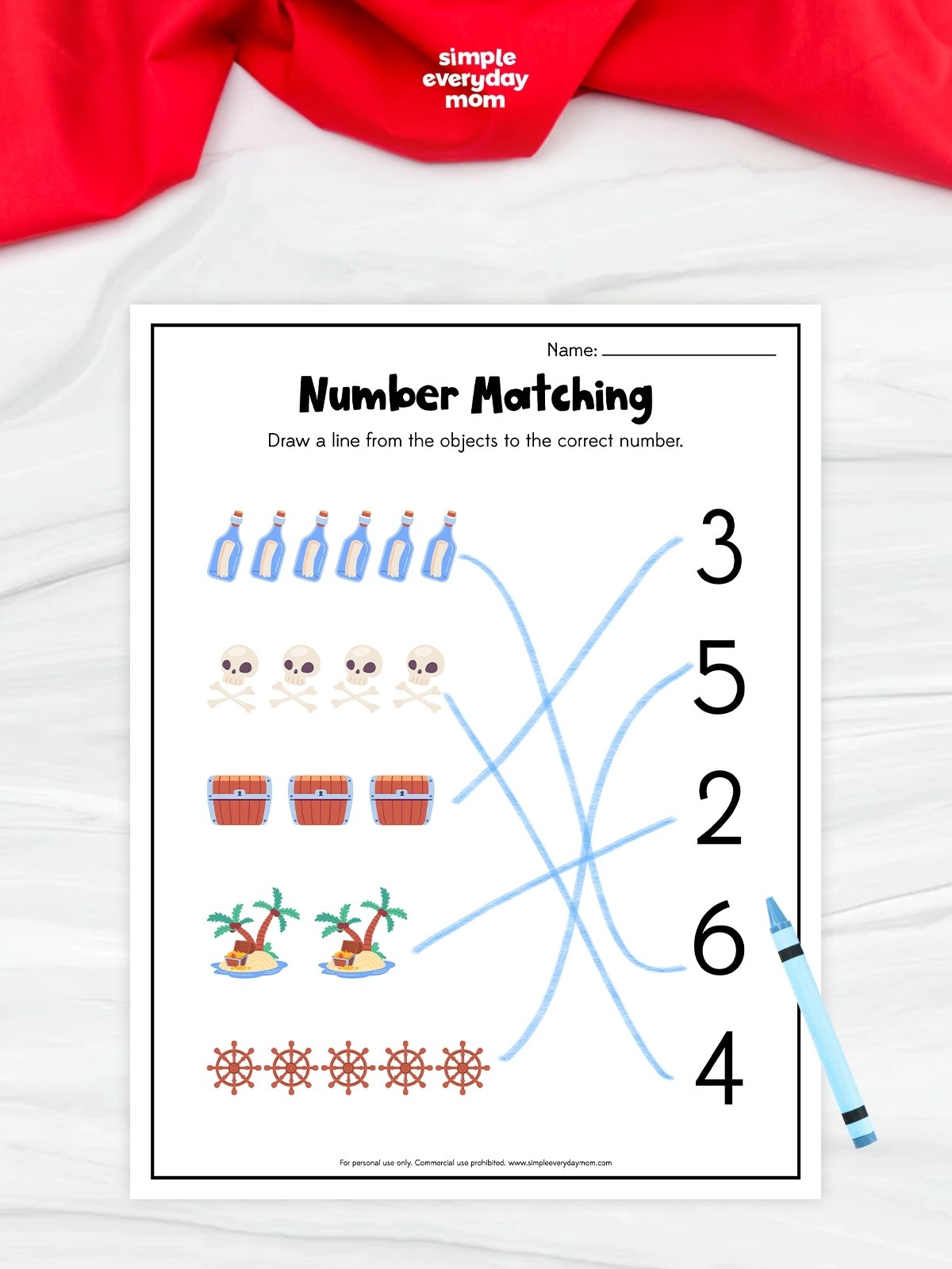 This pirate-themed number matching worksheet helps preschool and Pre-K children practice counting and number recognition skills. Kids count the groups of pirate-themed objects, such as bottles, skulls, treasure chests, islands, and ship wheels, then draw a line to the correct number. The engaging activity strengthens early math concepts while also supporting visual discrimination and fine motor development.