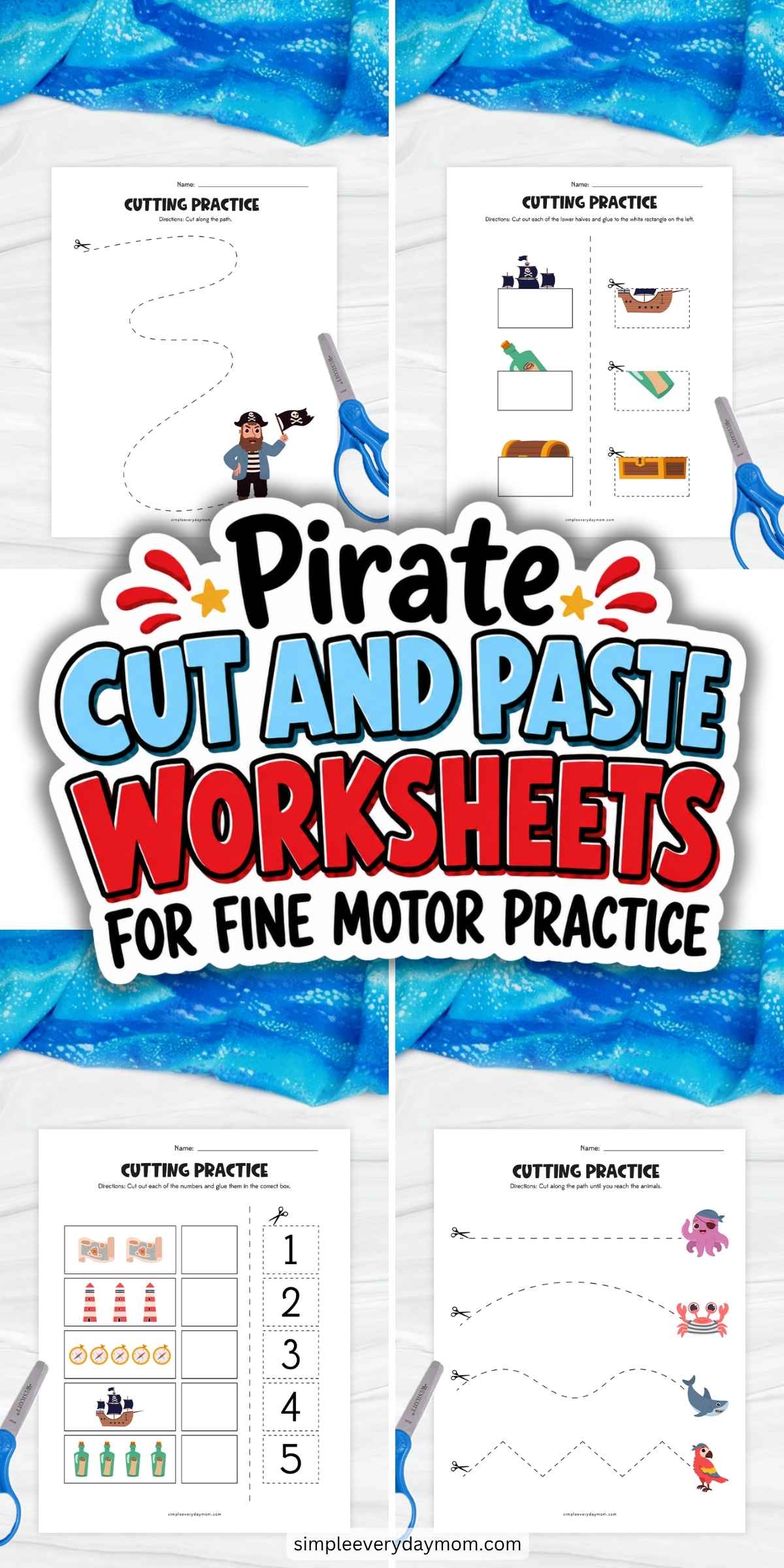 This image promotes a collection of pirate-themed cut-and-paste worksheets designed to help preschool and kindergarten children strengthen fine motor skills. The printable activities include cutting along curved, straight, wavy, and zigzag lines, matching picture halves, and counting-and-pasting exercises featuring pirate ships, treasure chests, sea creatures, and other pirate-themed objects. With engaging hands-on tasks and colorful illustrations, these worksheets provide a fun way for young learners to practice scissor control, hand-eye coordination, and early learning skills.