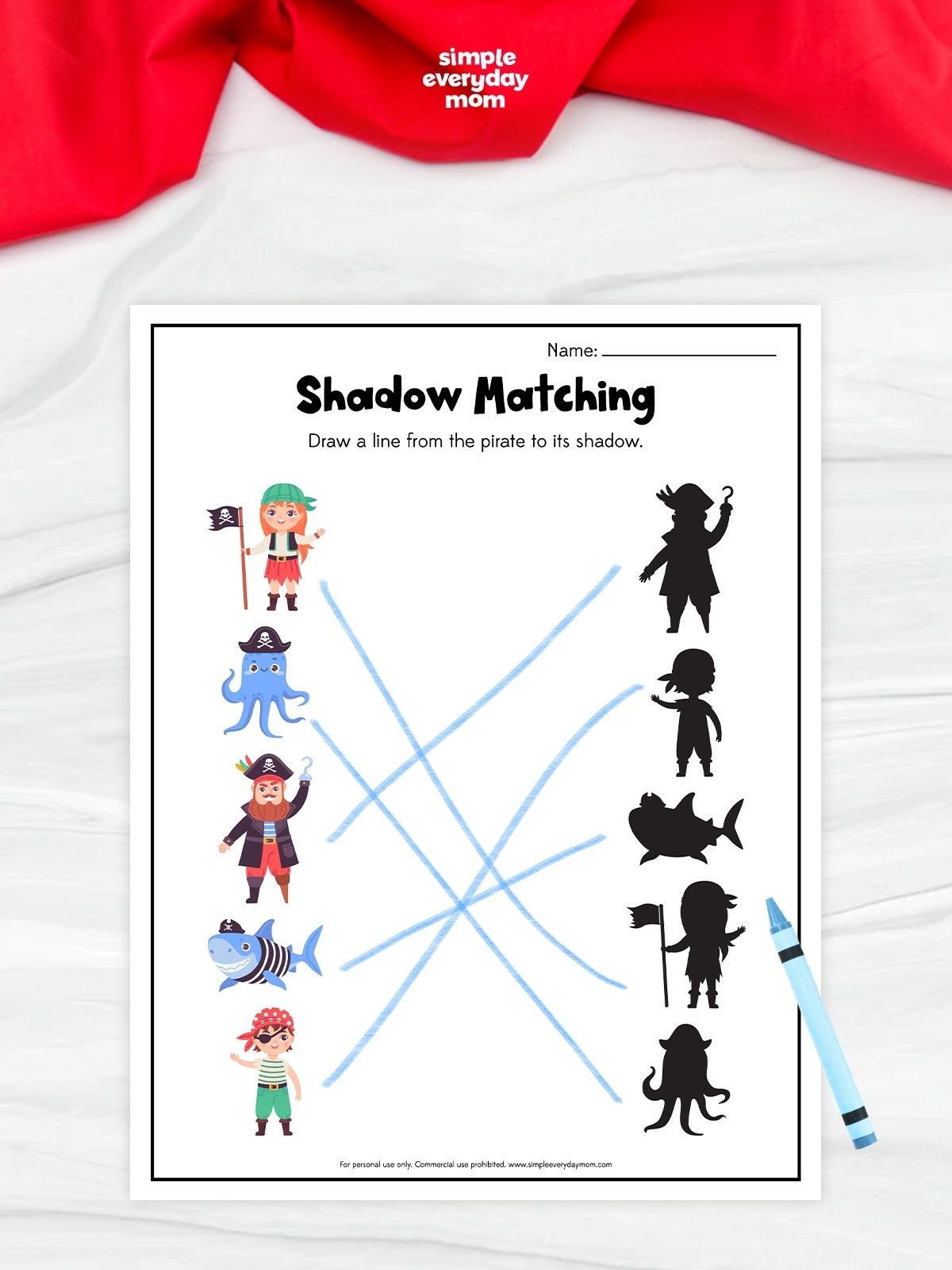 This pirate-themed shadow matching worksheet helps preschool and Pre-K children develop visual discrimination and critical thinking skills. Kids draw lines from each pirate-themed character or object, including pirates, an octopus, and a shark, to its matching shadow. The fun activity encourages observation, concentration, and fine motor practice while keeping young learners engaged with a pirate adventure theme.