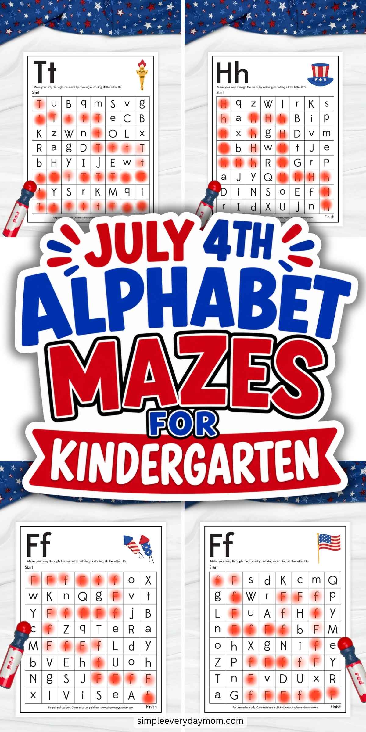 This image promotes a set of July 4th Alphabet Mazes for Kindergarten featuring patriotic-themed letter recognition activities. The preview displays four maze worksheets where children follow uppercase and lowercase letters while practicing early literacy skills. Bright red, white, and blue colors, along with festive Independence Day graphics, make the worksheets engaging and fun for young learners.