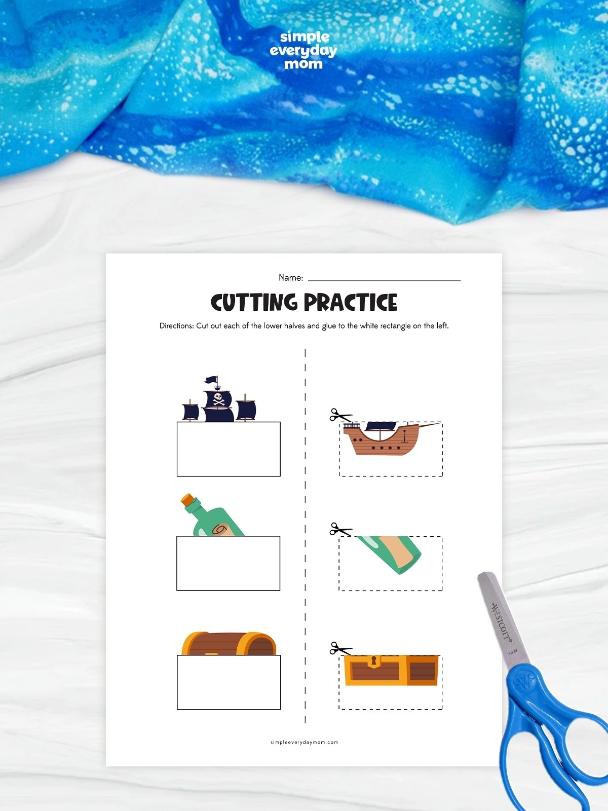 This pirate-themed cutting practice worksheet helps preschool and kindergarten children develop fine motor and scissor skills through a fun cut-and-paste activity. Kids cut out the lower halves of a pirate ship, message bottle, and treasure chest, then glue each piece to the matching top half on the left side of the page. The hands-on exercise encourages hand-eye coordination, visual matching, and early problem-solving skills while keeping young learners engaged with a pirate adventure theme.