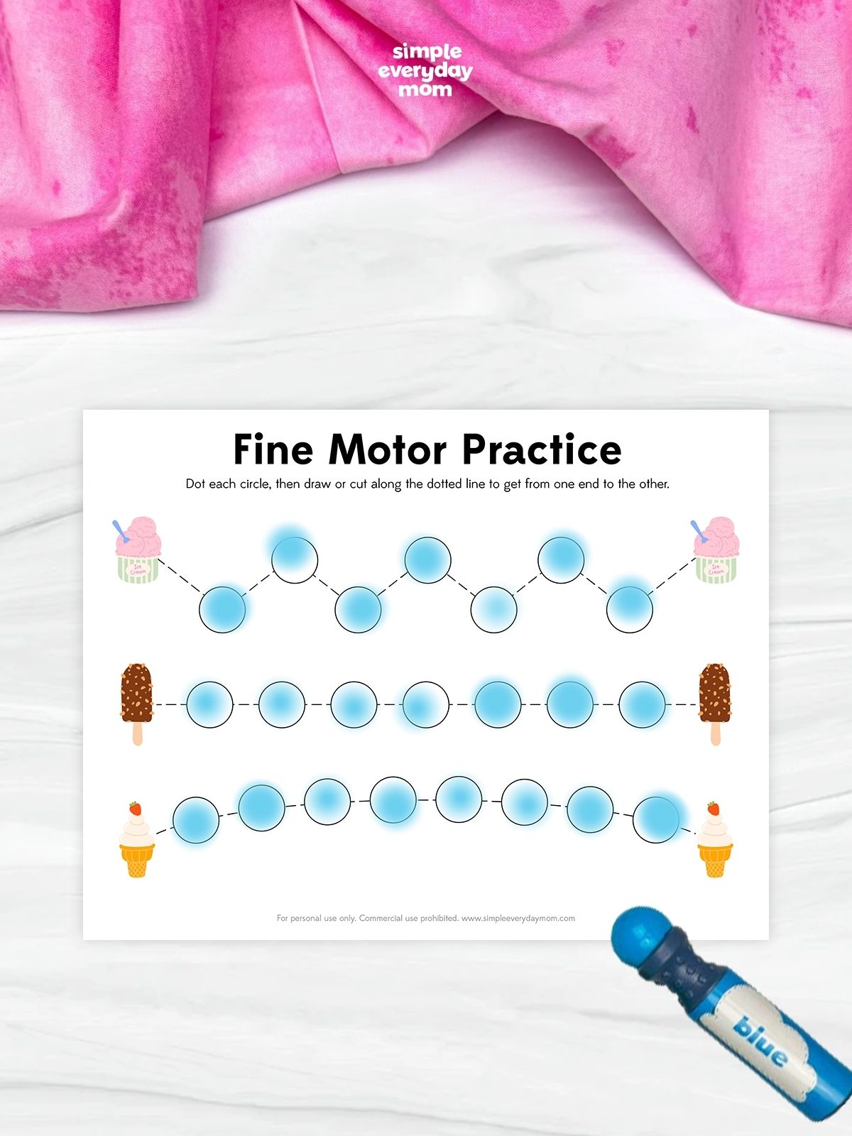 This image features an ice cream-themed fine motor practice worksheet for preschool and kindergarten learners. Children dot each circle and then draw or cut along the dotted paths connecting the ice cream treats, helping strengthen hand muscles, coordination, and pre-writing skills. The fun summer design encourages hands-on learning while building essential fine motor development.