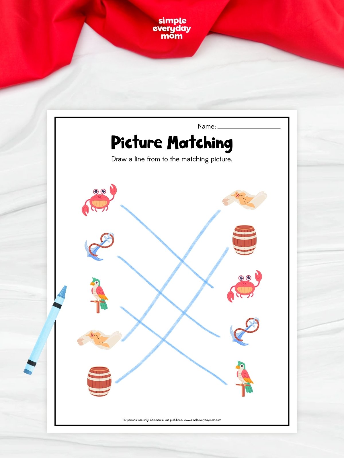 This pirate-themed picture matching worksheet helps preschool and Pre-K children strengthen visual recognition and matching skills. Kids draw lines between identical pirate-themed images, including a crab, anchor, parrot, treasure map, and barrel. The engaging activity supports concentration, problem-solving, and fine motor development while making learning fun with a pirate adventure theme.