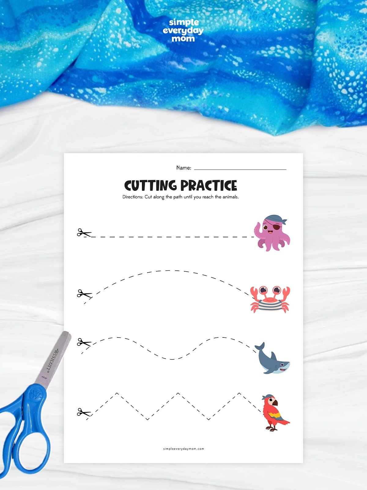 This pirate-themed cutting practice worksheet helps preschool and kindergarten children develop scissor skills by cutting along a variety of lines. Kids follow straight, curved, wavy, and zigzag paths to reach different pirate-themed sea creatures, including an octopus, crab, shark, and parrot. The activity strengthens fine motor control, hand-eye coordination, and cutting accuracy while making learning fun and engaging.