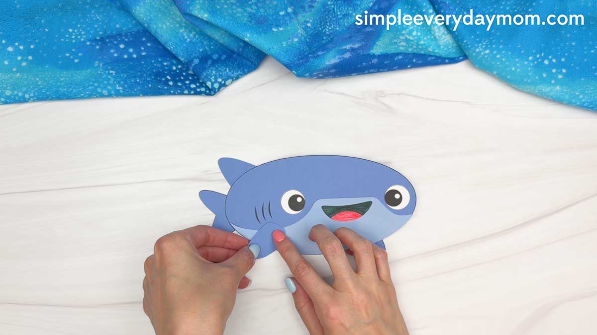 Hands attaching the whale shark's side fin to the paper craft template on a white tabletop.