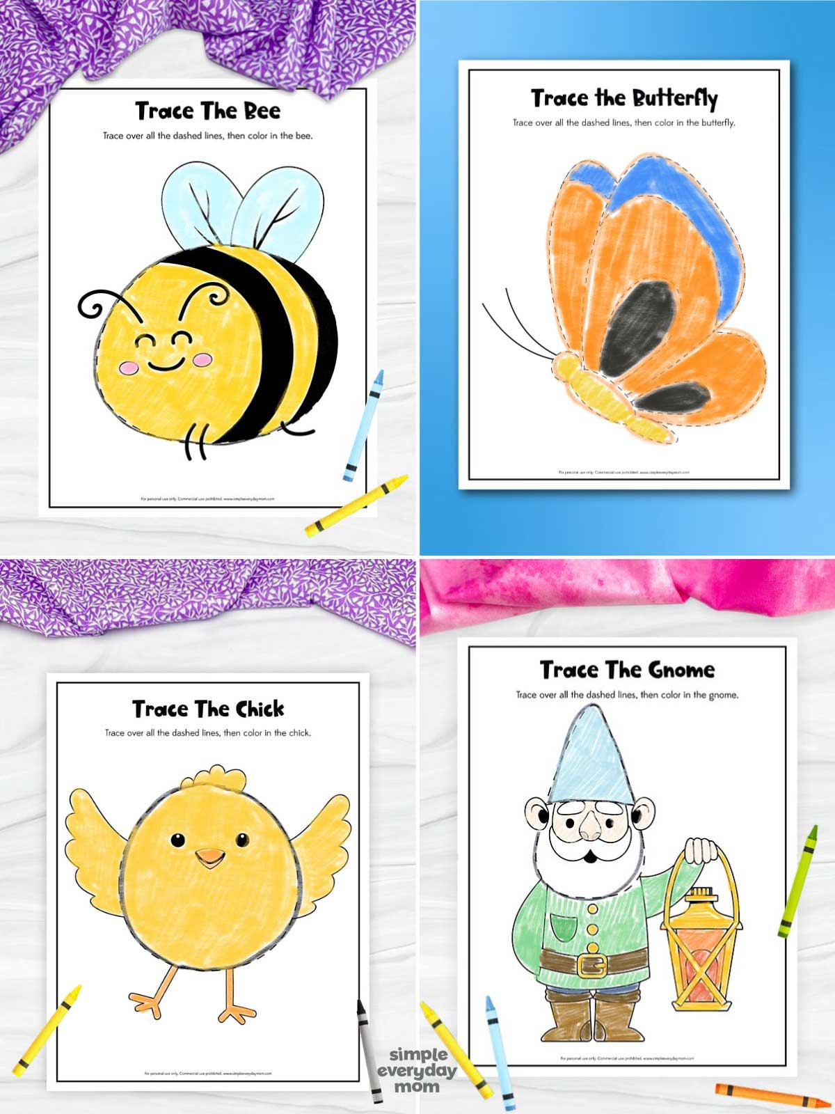 This image features four spring-themed tracing worksheets for children, including a bee, a butterfly, a chick, and a garden gnome. Kids can trace the dashed outlines and then color each picture, helping build fine motor skills, pencil control, and creativity. The cheerful designs make these printable activities perfect for spring lessons, nature units, and seasonal fun.