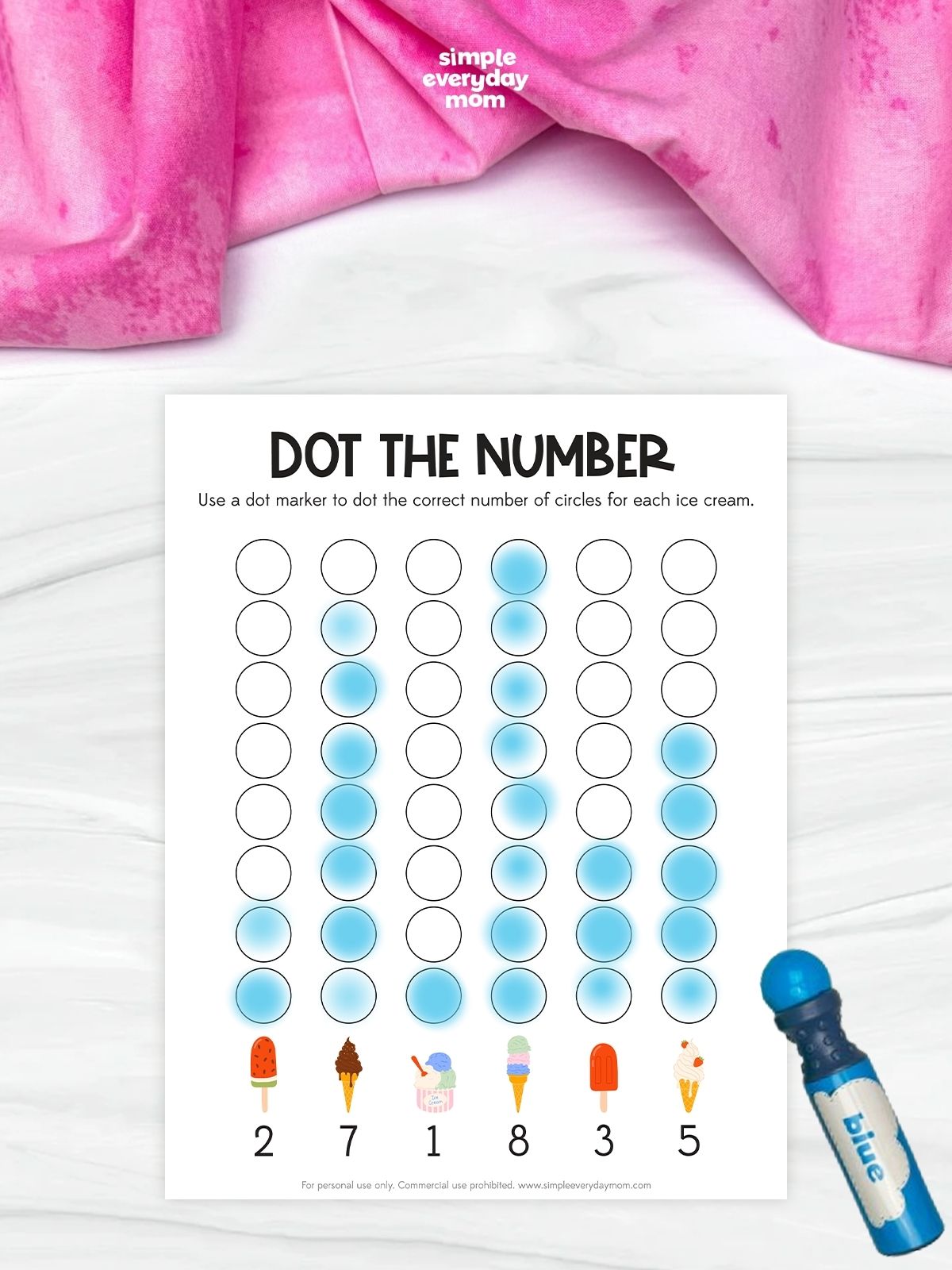 This image features an ice cream-themed number recognition worksheet that encourages children to practice counting with dot markers. Kids count the number shown beneath each frozen treat and dot the matching number of circles in the corresponding column, reinforcing early math skills and one-to-one correspondence. The fun summer ice cream theme makes learning numbers engaging and interactive for preschool and kindergarten students.