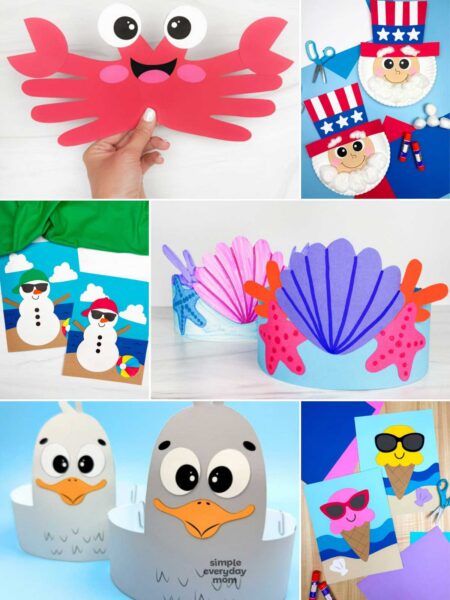 This image is a collage of colorful children's craft projects, including a paper crab, Uncle Sam faces, beach snowman cards, ocean-themed crowns, paper seagulls, and ice cream cone cards. The crafts use simple materials like construction paper, cotton balls, glue, and scissors, making them easy and fun for kids to create. These engaging projects are perfect for seasonal celebrations, summer activities, patriotic holidays, and creative classroom learning.