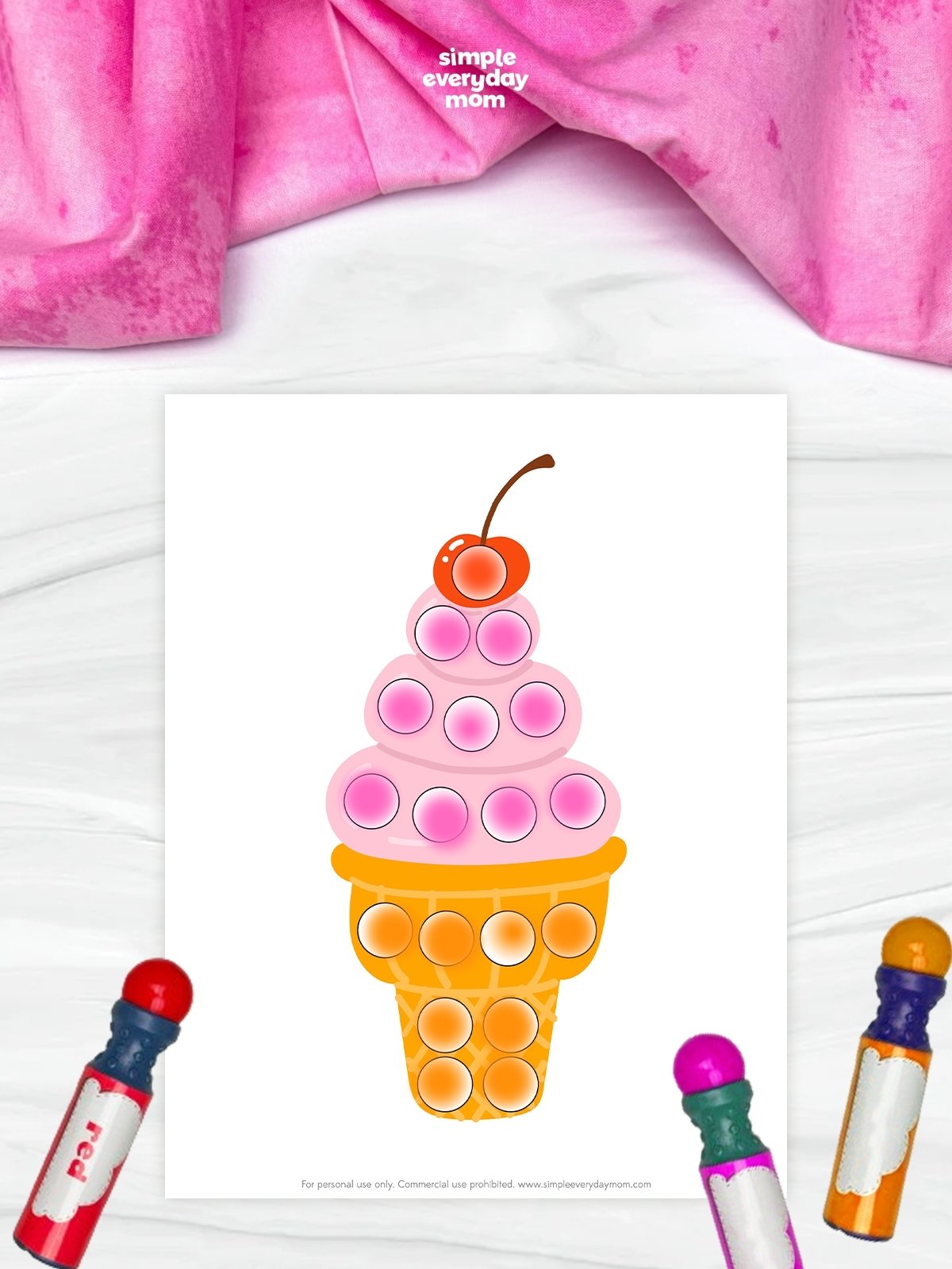 This image features a fun ice cream do-a-dot worksheet designed for preschool and kindergarten children. Kids can use dot markers to fill in the circles on the ice cream cone, helping develop fine motor skills, hand-eye coordination, and color recognition. The sweet ice cream theme and bright colors make this printable activity engaging for summer learning and creative play.