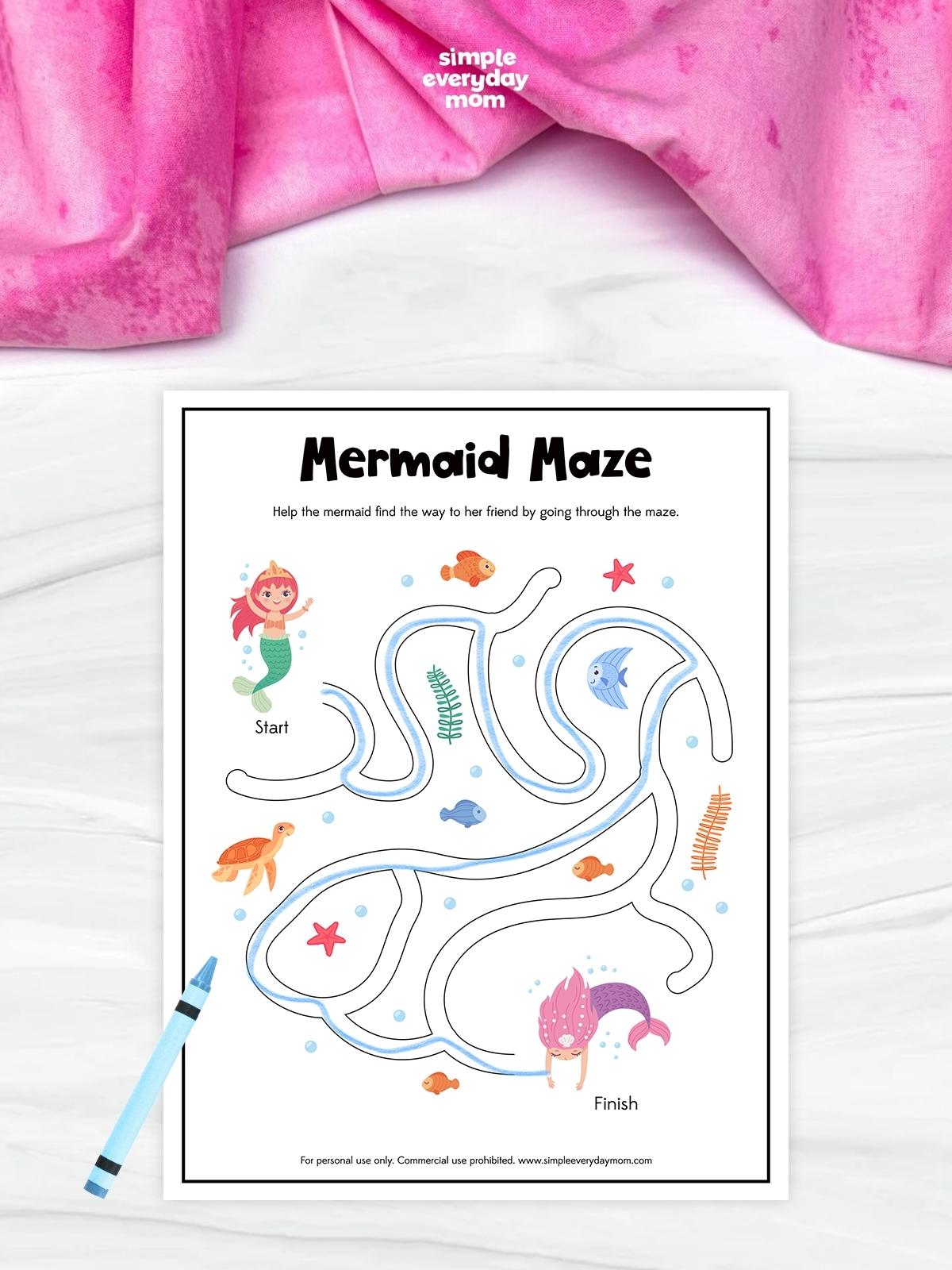 This mermaid maze worksheet encourages children to practice critical thinking, visual discrimination, and problem-solving skills while having fun. Kids follow the winding path from the starting mermaid to help her reach her friend at the finish. With colorful underwater illustrations including fish, sea turtles, starfish, and sea plants, this printable activity is perfect for preschoolers and kindergarteners who enjoy ocean and mermaid-themed learning activities.