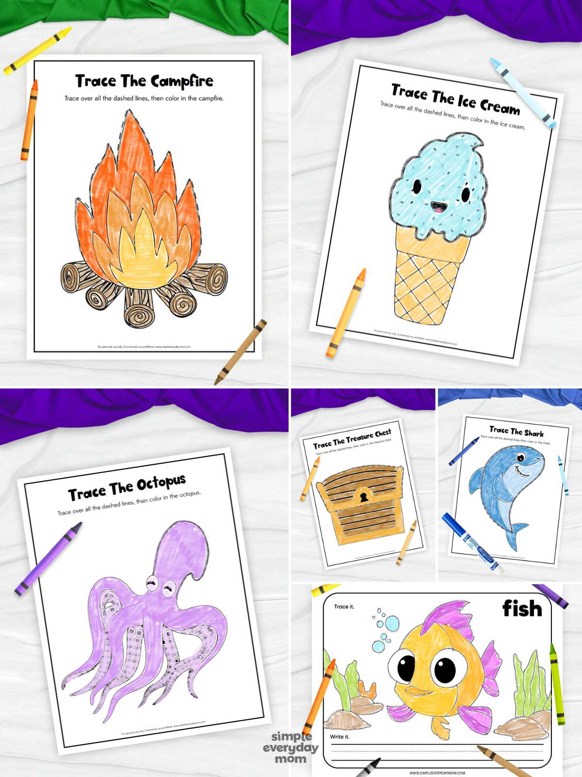 This image features a collection of tracing worksheets with fun themes such as a campfire, ice cream cone, octopus, treasure chest, shark, and fish. Children can trace the dashed outlines and color the pictures, helping develop fine motor skills, pencil control, and creativity. The variety of outdoor, ocean, and everyday objects makes these printable activities engaging for preschool and kindergarten learners.