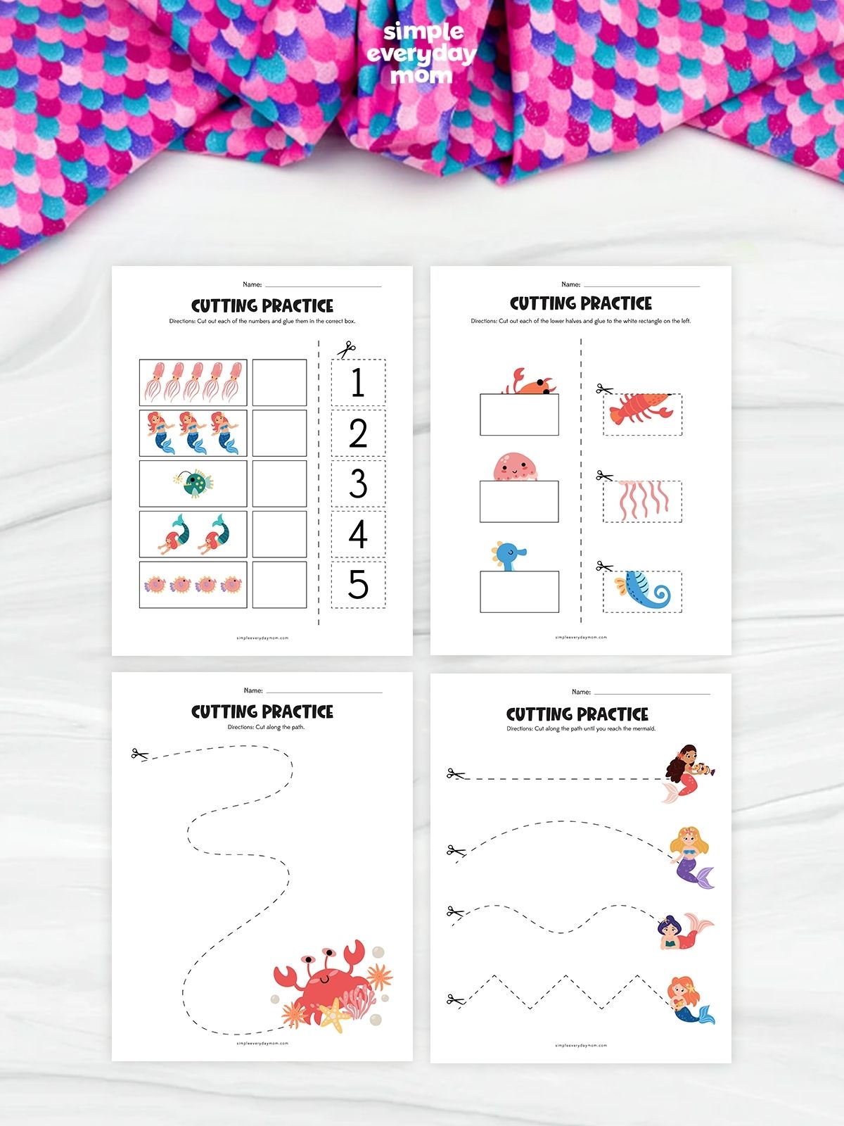 This image shows four ocean-themed cutting practice worksheets designed for young children. The pages include activities such as matching numbers to sea creatures, cutting out ocean animal pieces, and following dashed lines to improve scissor skills. Colorful illustrations of mermaids, crabs, jellyfish, and other sea creatures make the learning activities fun and engaging.