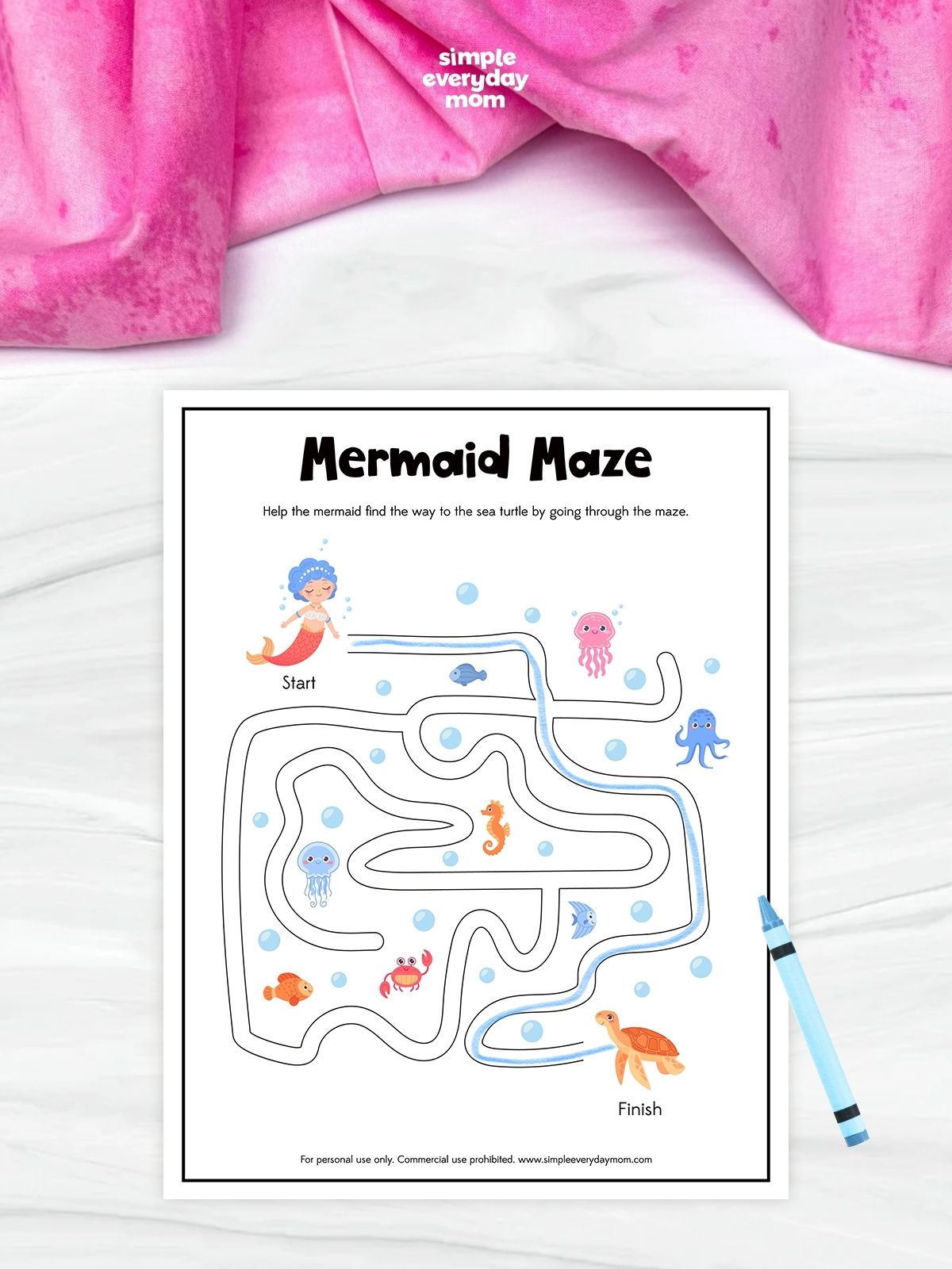 This image features a mermaid-themed maze worksheet where children help a mermaid find her way to a sea turtle by following the correct path through the maze. As they trace the route, kids practice problem-solving, visual tracking, and fine motor skills while exploring a fun underwater scene filled with sea creatures like fish, jellyfish, an octopus, a seahorse, and a crab. The colorful ocean theme makes this printable activity engaging and educational for preschool and kindergarten learners.