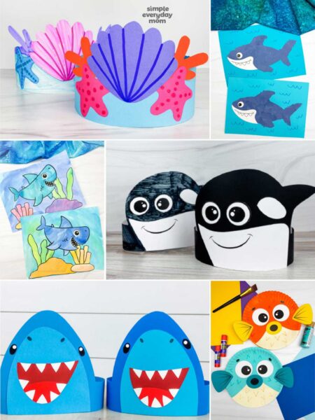 This image features a variety of ocean-themed crafts, including seashell crowns, sharks, whales, and pufferfish made from colorful paper and art supplies. The projects use bright colors, simple shapes, and friendly cartoon faces, making them appealing for young children. These creative activities are fun for learning about marine life while developing cutting, coloring, and crafting skills.