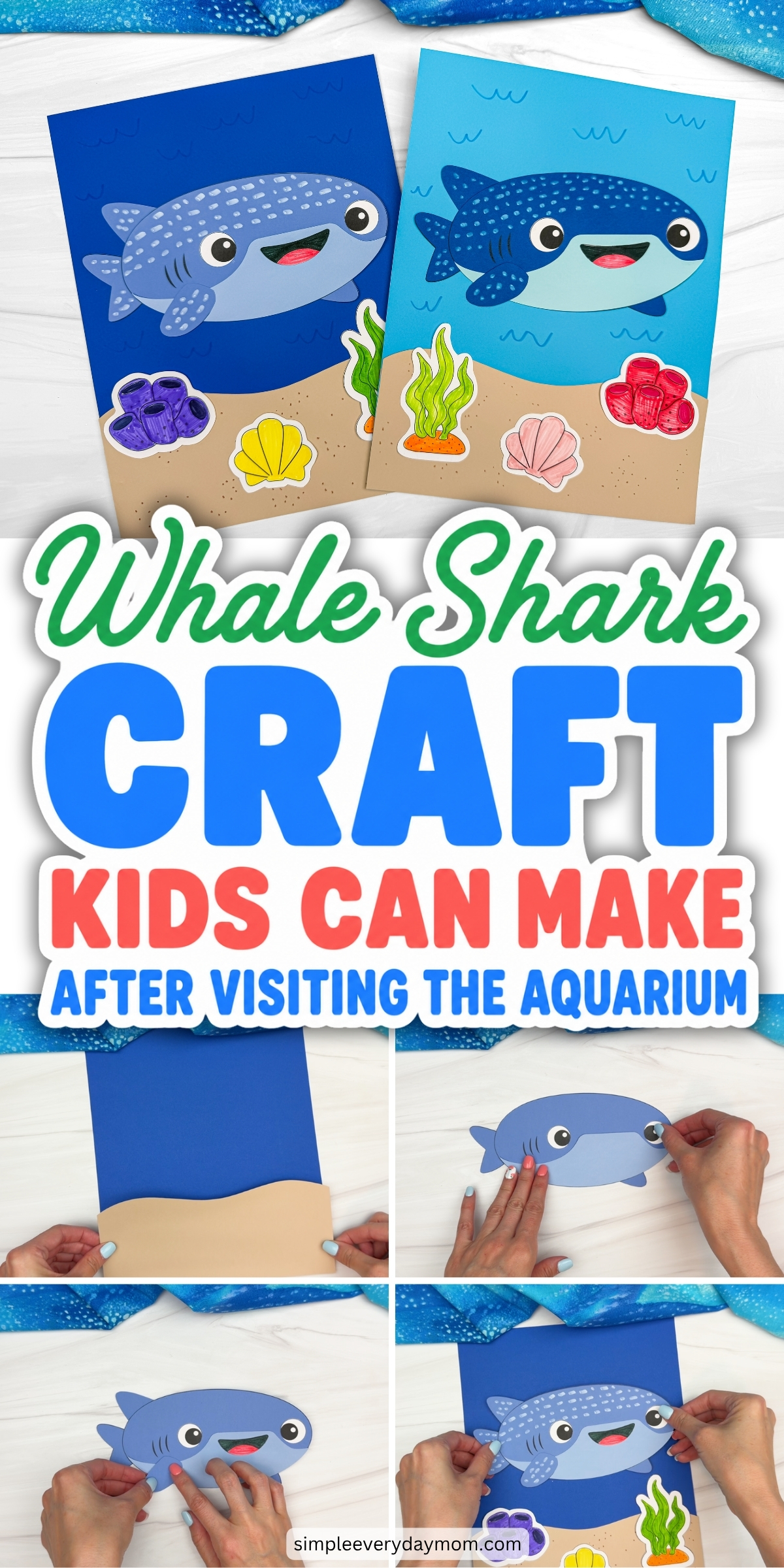 Collage showing completed whale shark craft examples and step by step assembly photos on blue ocean themed backgrounds.