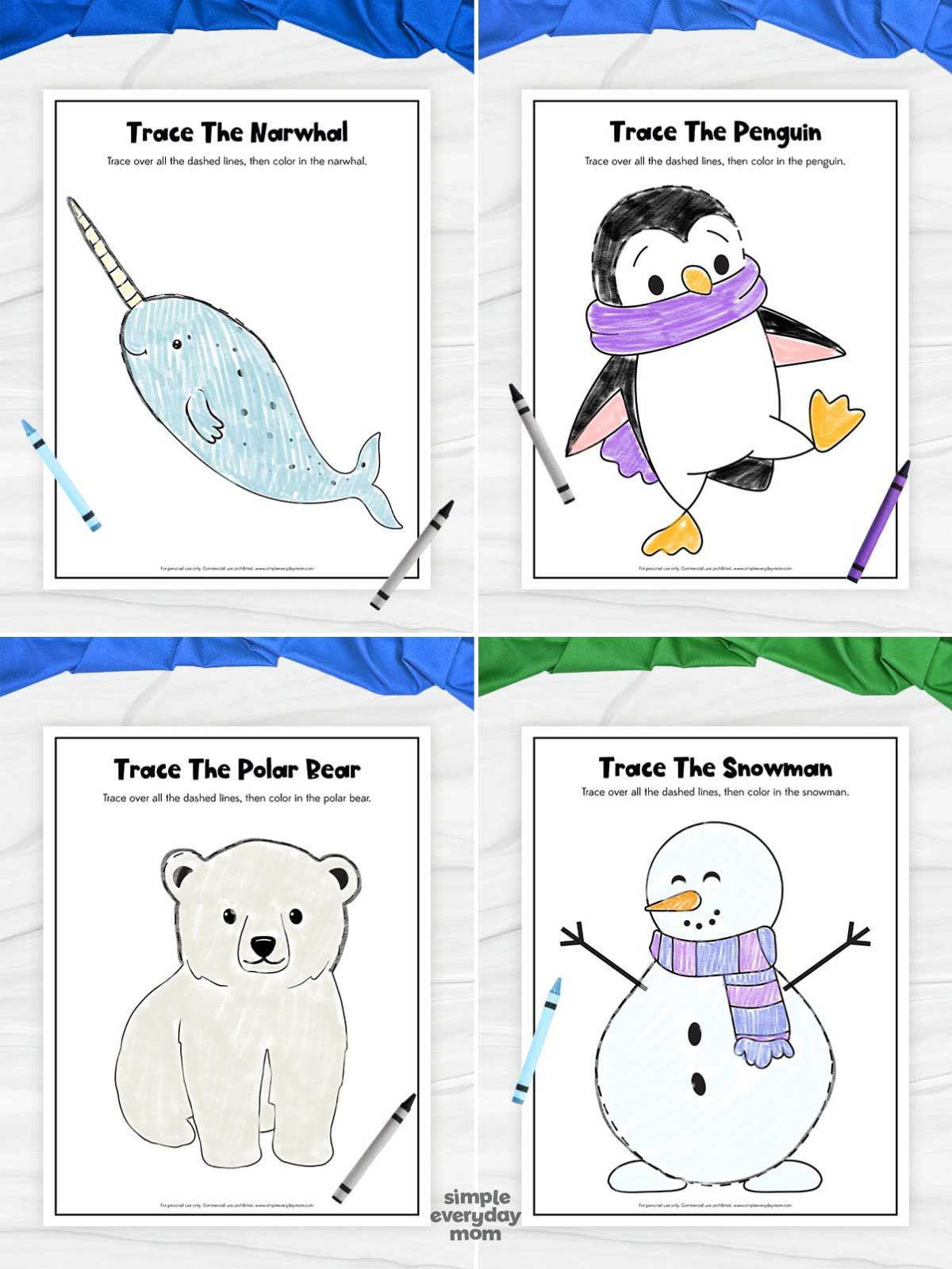 This image features four winter-themed tracing worksheets for children, including a narwhal, a penguin, a polar bear, and a snowman. Kids can trace the dashed outlines and then color each picture, helping strengthen fine motor skills, hand-eye coordination, and early writing development. The cute arctic and winter characters make these printable activities fun for seasonal learning and classroom use.