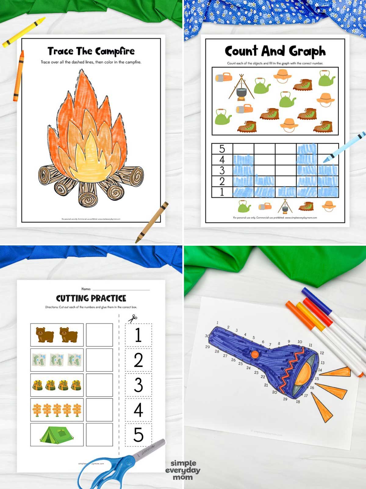 These camping worksheets help preschool and kindergarten kids practice a variety of early learning skills through fun, hands-on activities. Children can build counting, graphing, tracing, cutting, coloring, and fine motor skills while enjoying a camping theme. They're perfect for classrooms, homeschool, learning centers, or summer camp activities.