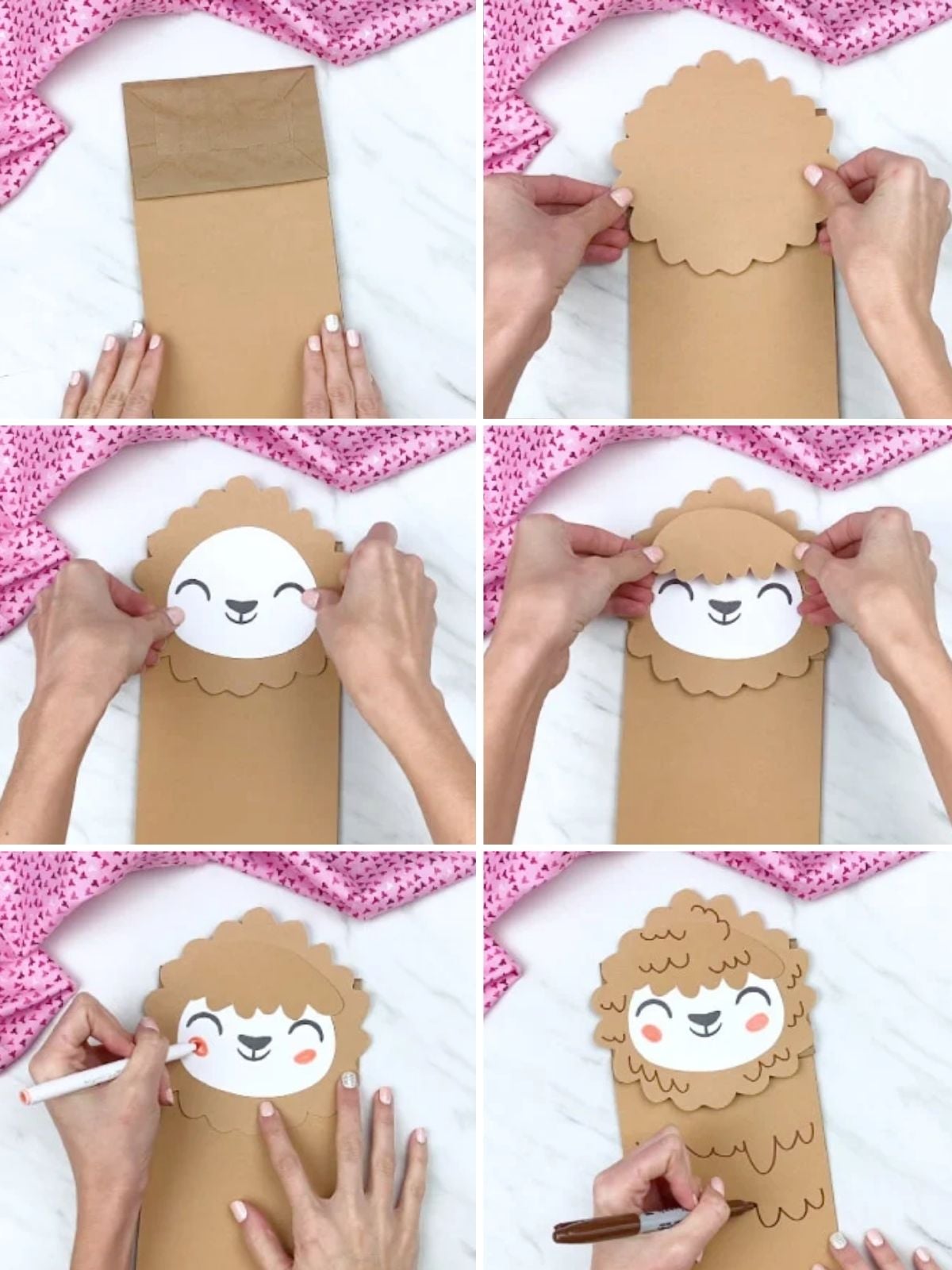 in process photo collage of creating Cute Llama Paper Bag Puppet Craft