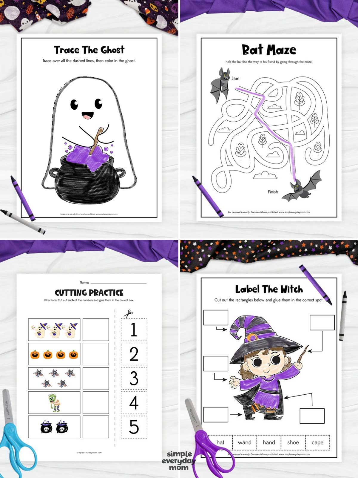 Collage of four Halloween printable activities featuring a trace the ghost worksheet, a bat maze, a Halloween cutting practice page, and a label the witch anatomy worksheet for preschool.